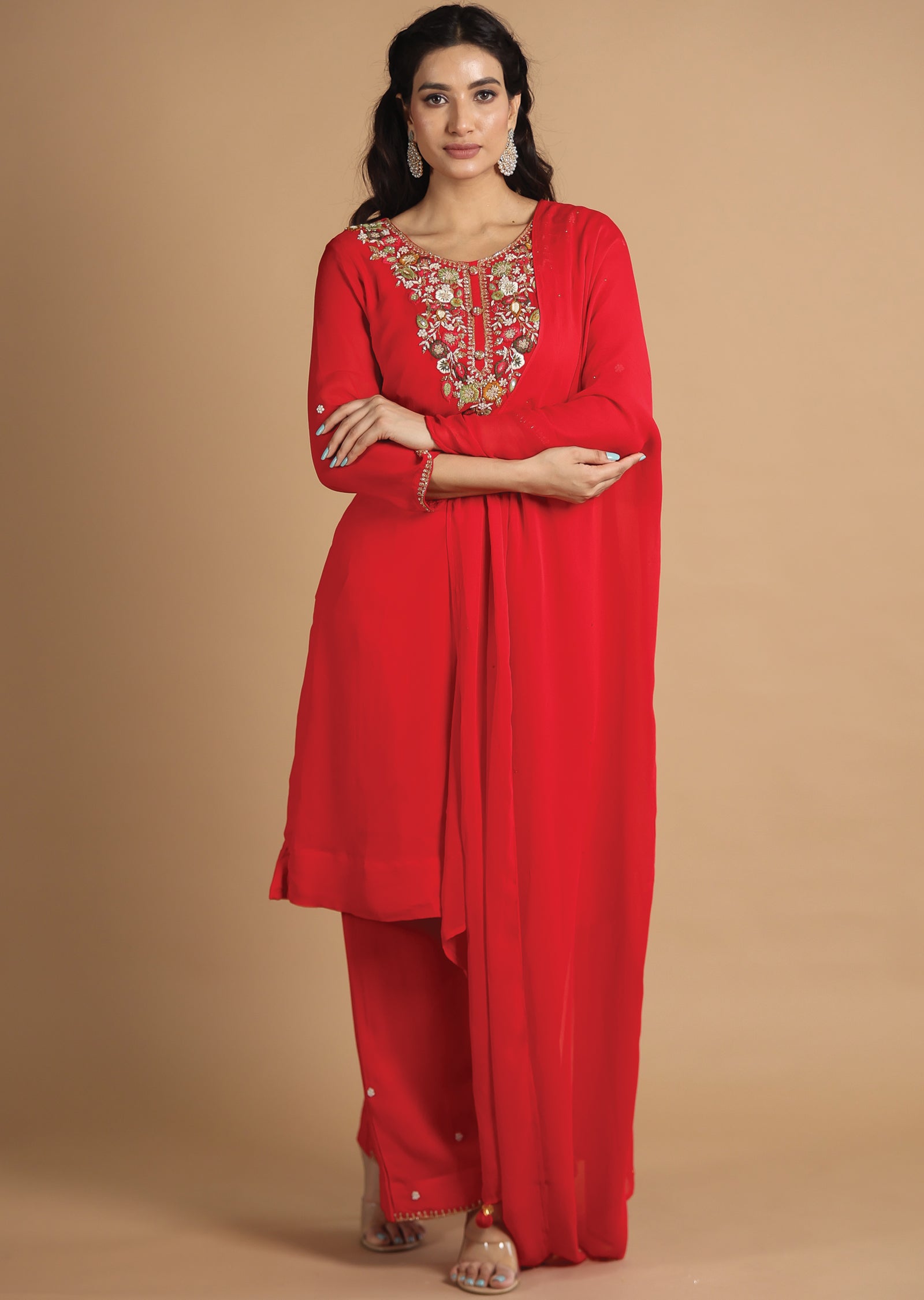 Red Georgette Straight Cut Suits