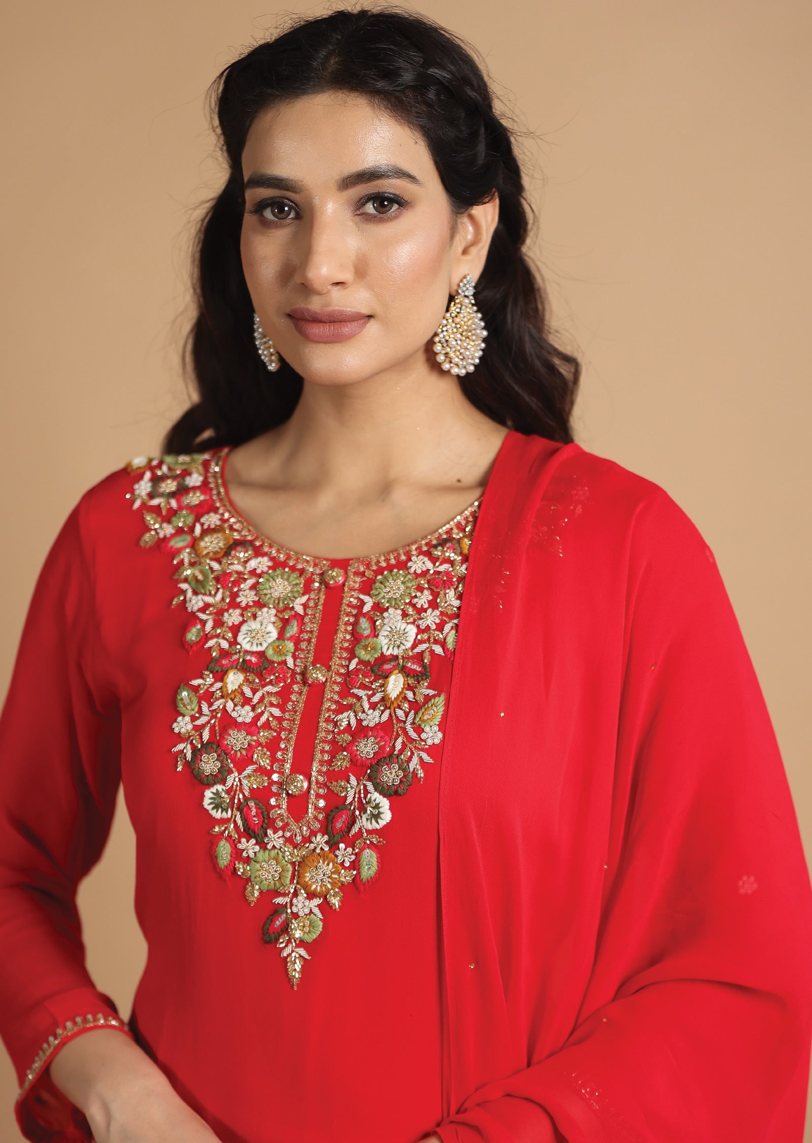 Red Georgette Straight Cut Suits