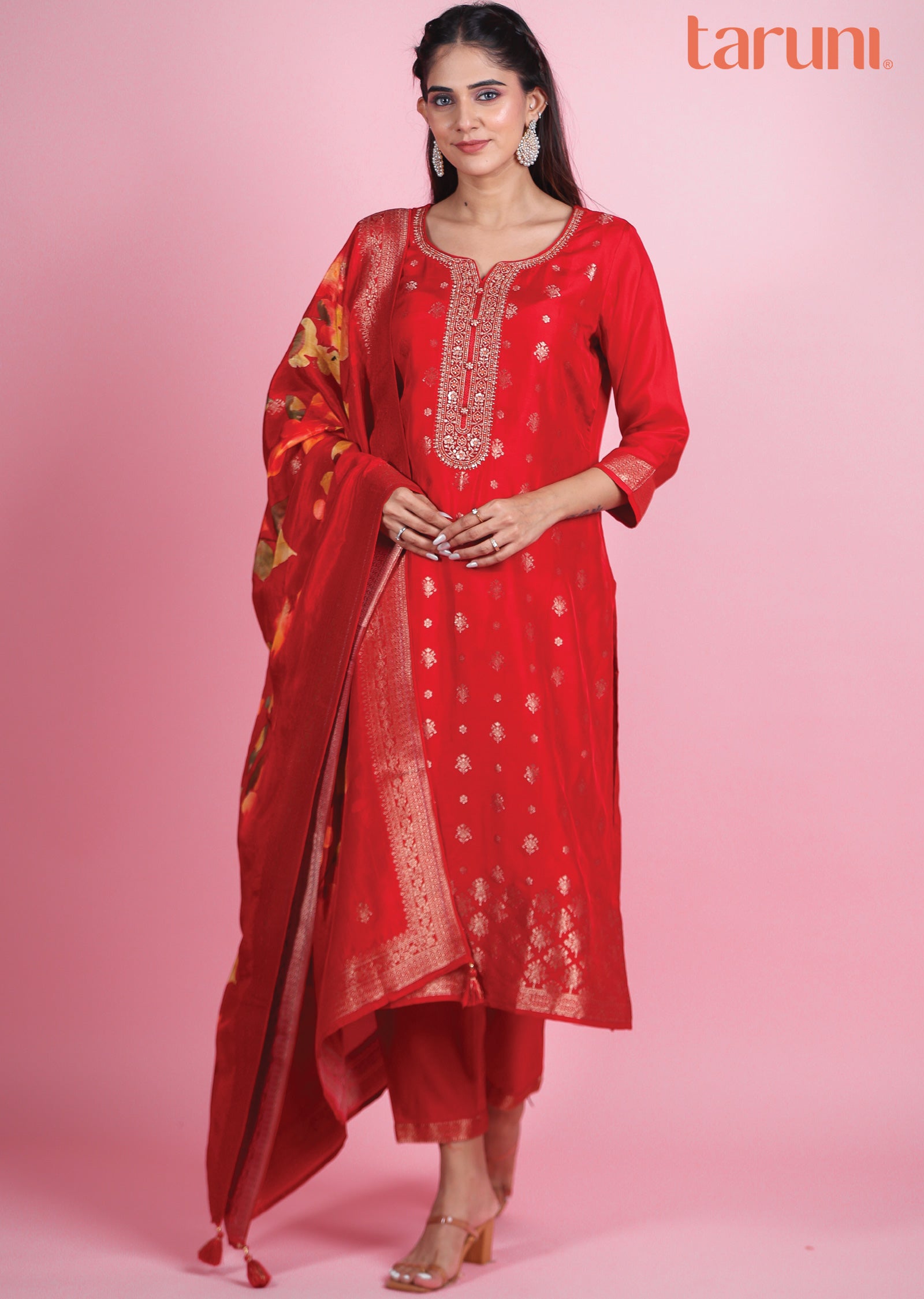 Red Banaras Silk Straight Cut Suits