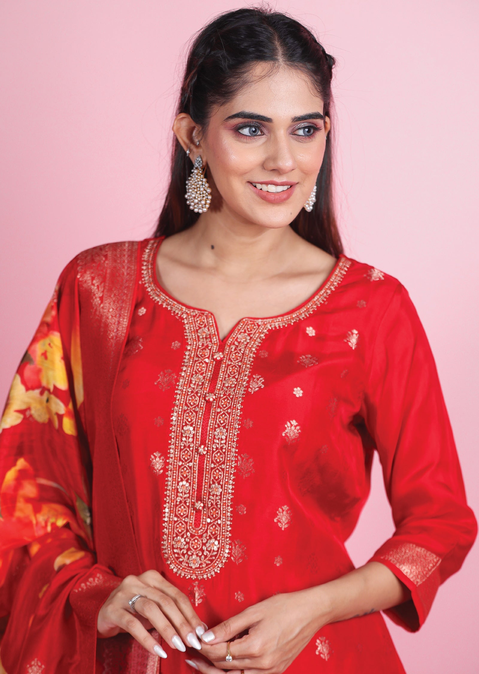 Red Banaras Silk Straight Cut Suits