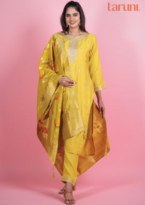 Yellow Soft Silk Straight Cut Suits