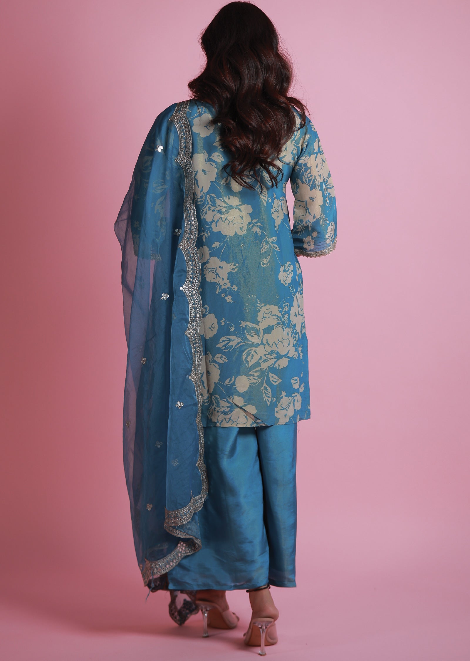 Light Blue Tissue Banaras Straight Cut Suits