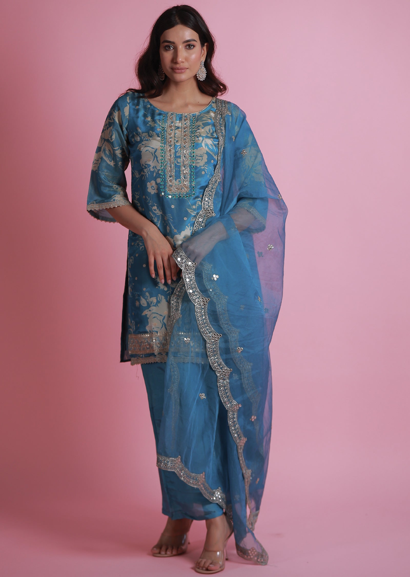 Light Blue Tissue Banaras Straight Cut Suits