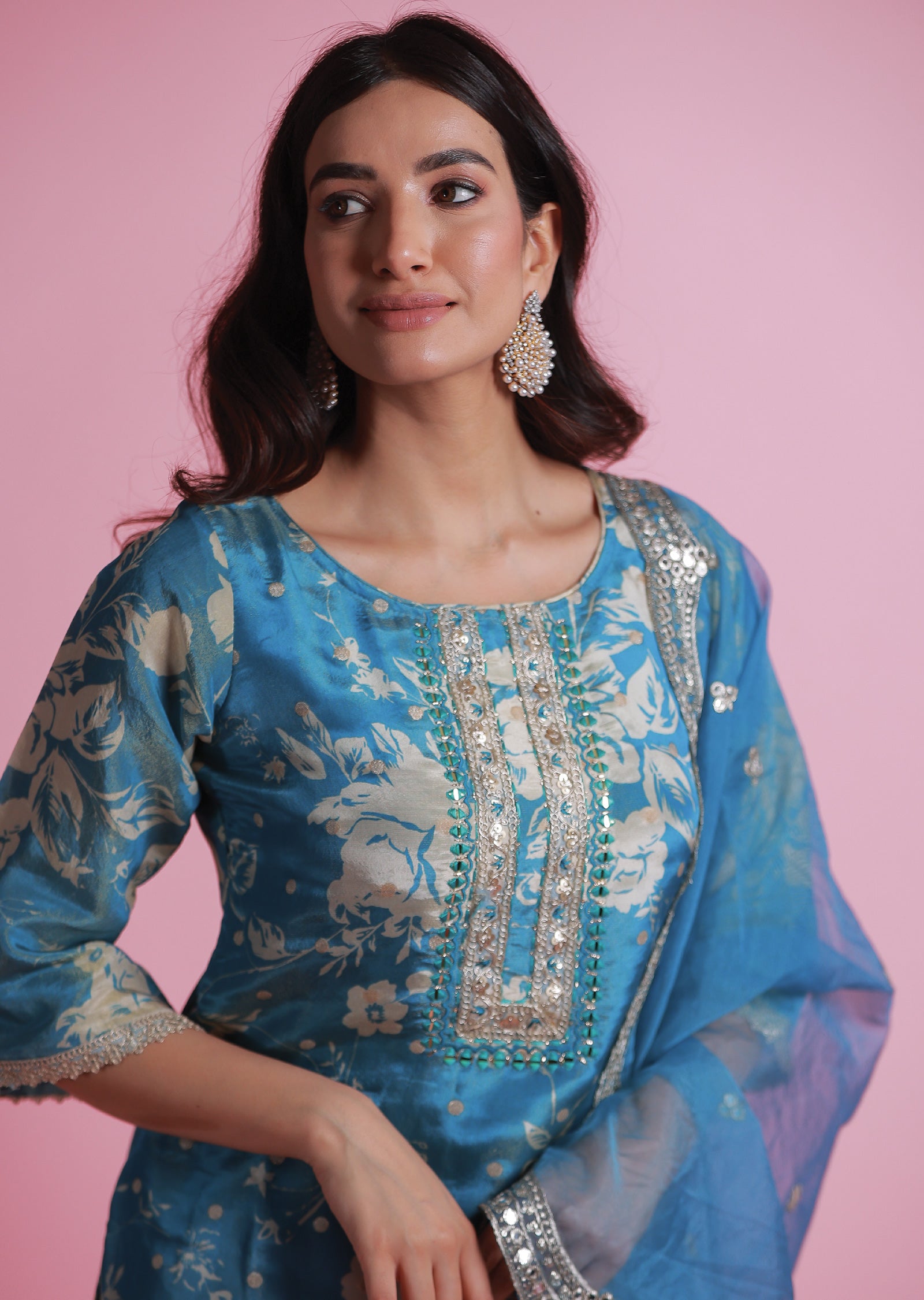 Light Blue Tissue Banaras Straight Cut Suits