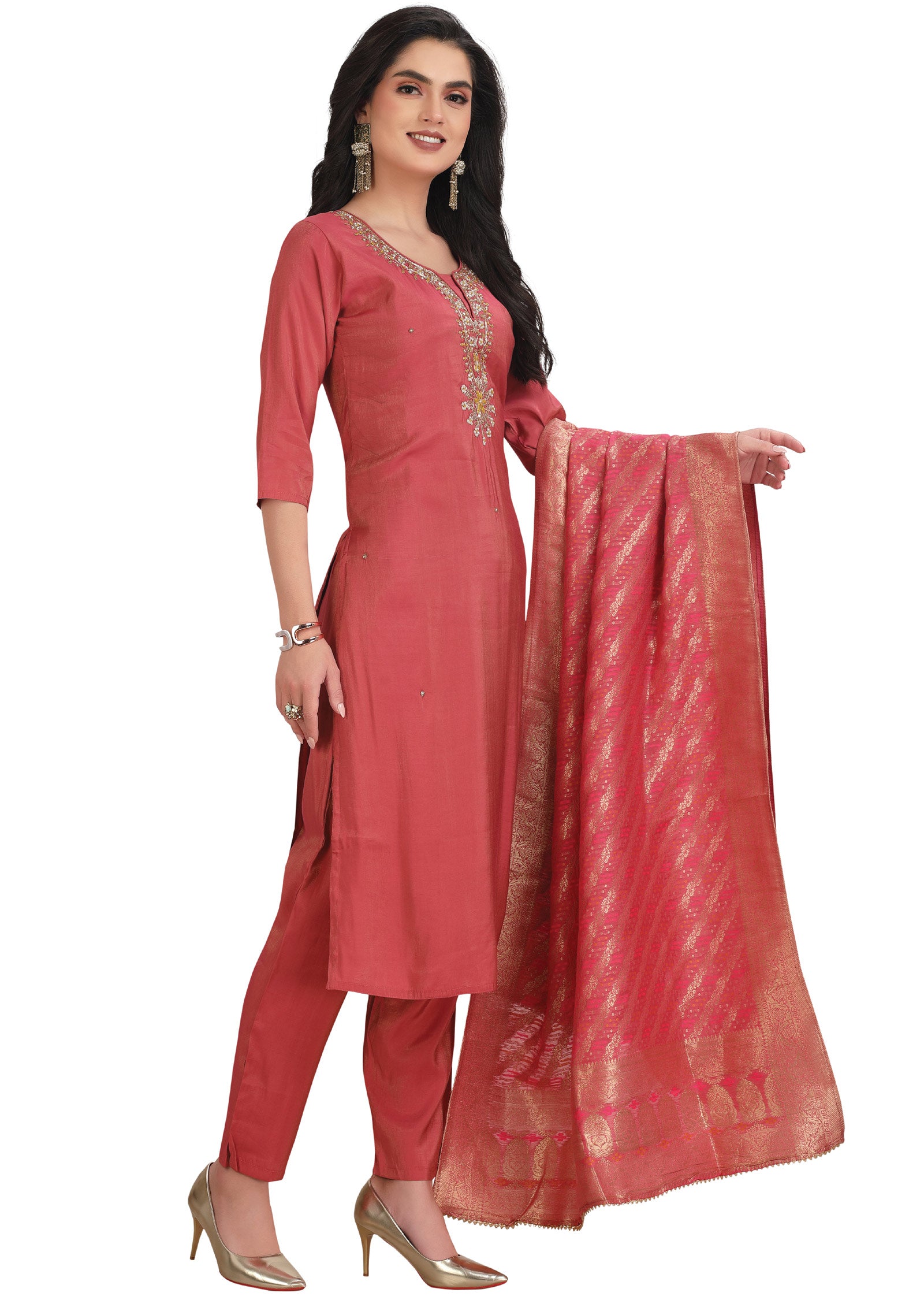 Dark Pink Tissue Straight Cut Suit