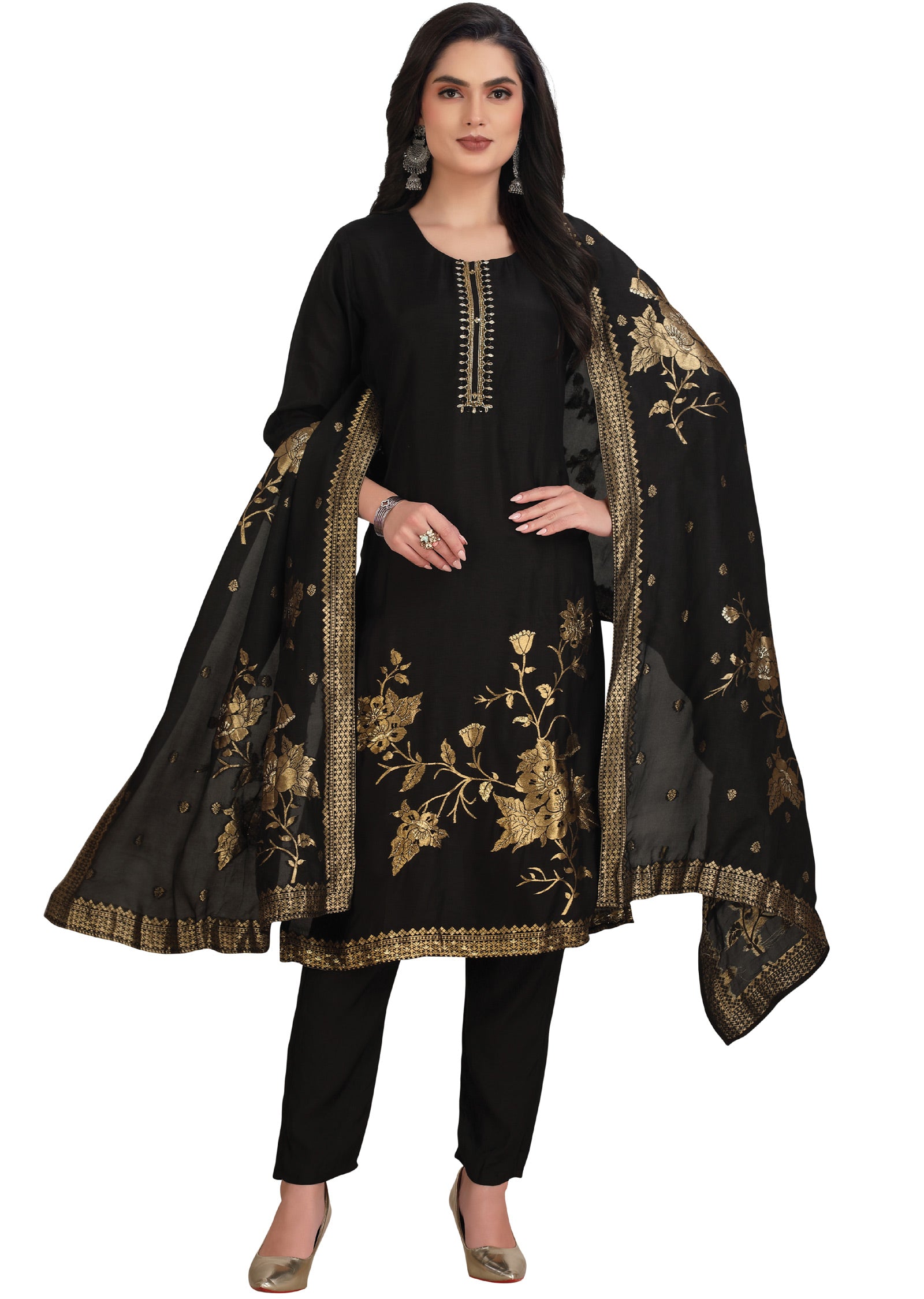 Black Banaras Dola Silk Straight Cut Suit