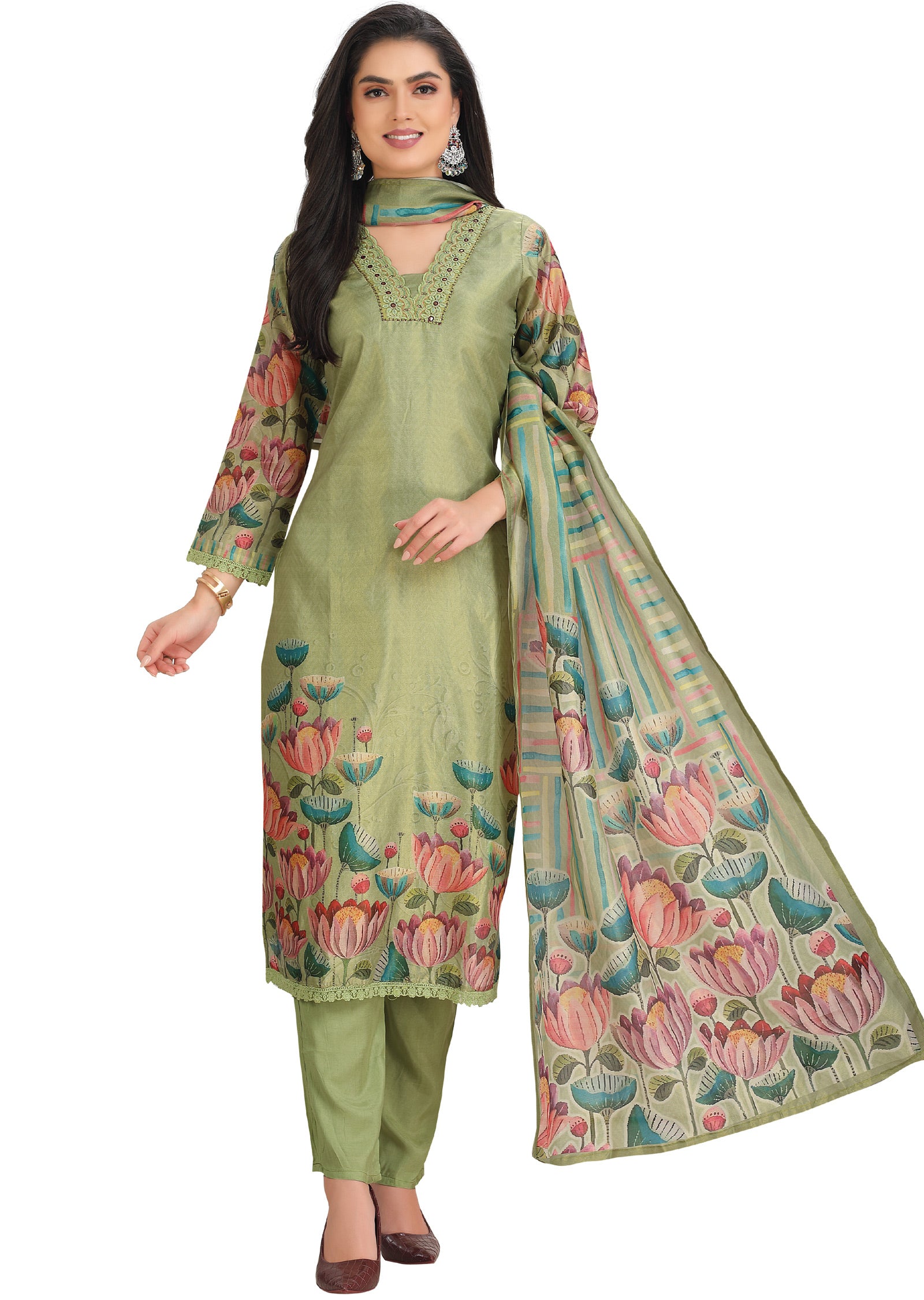 Green Tissue Silk Straight Cut Suit