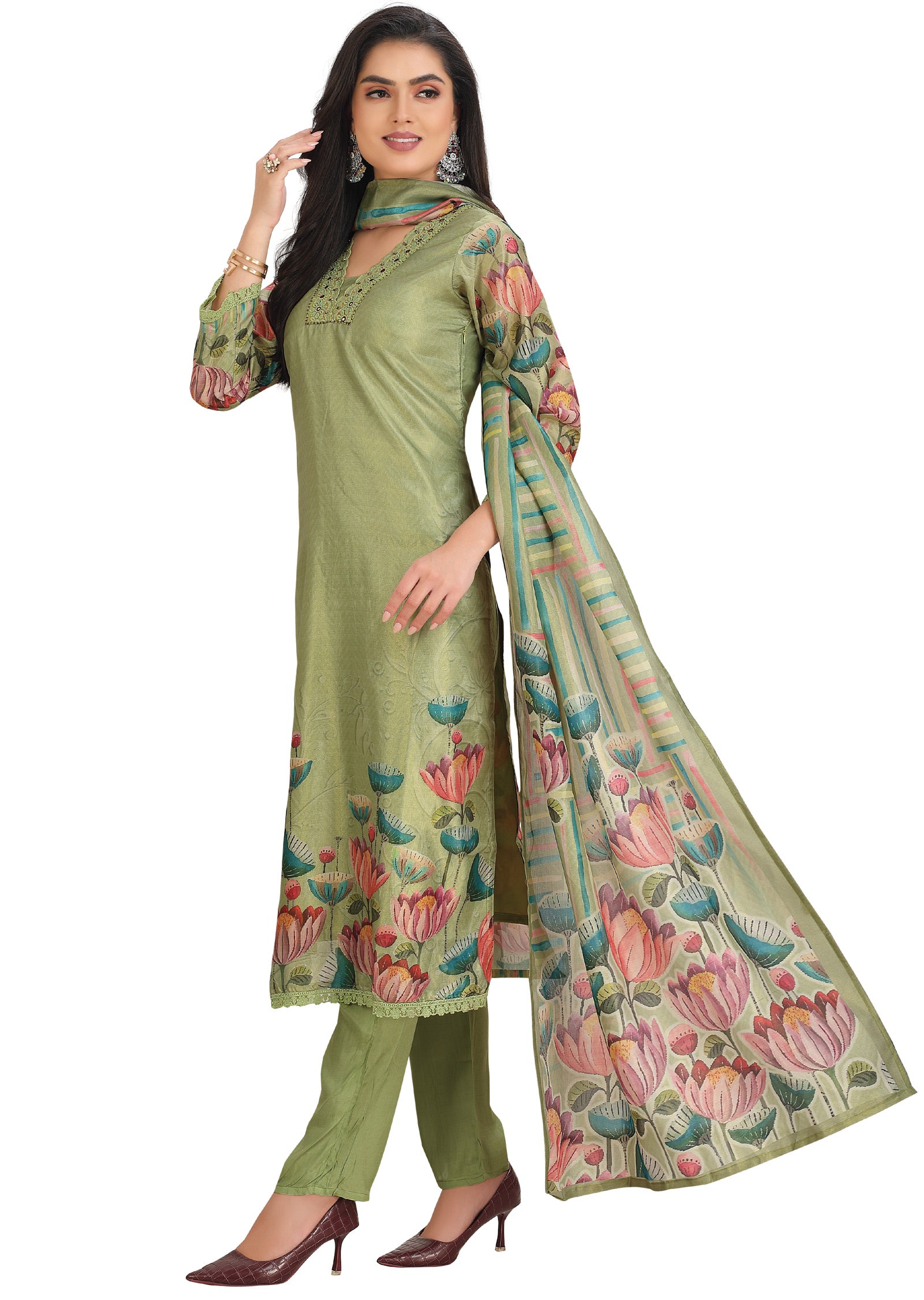 Green Tissue Silk Straight Cut Suit