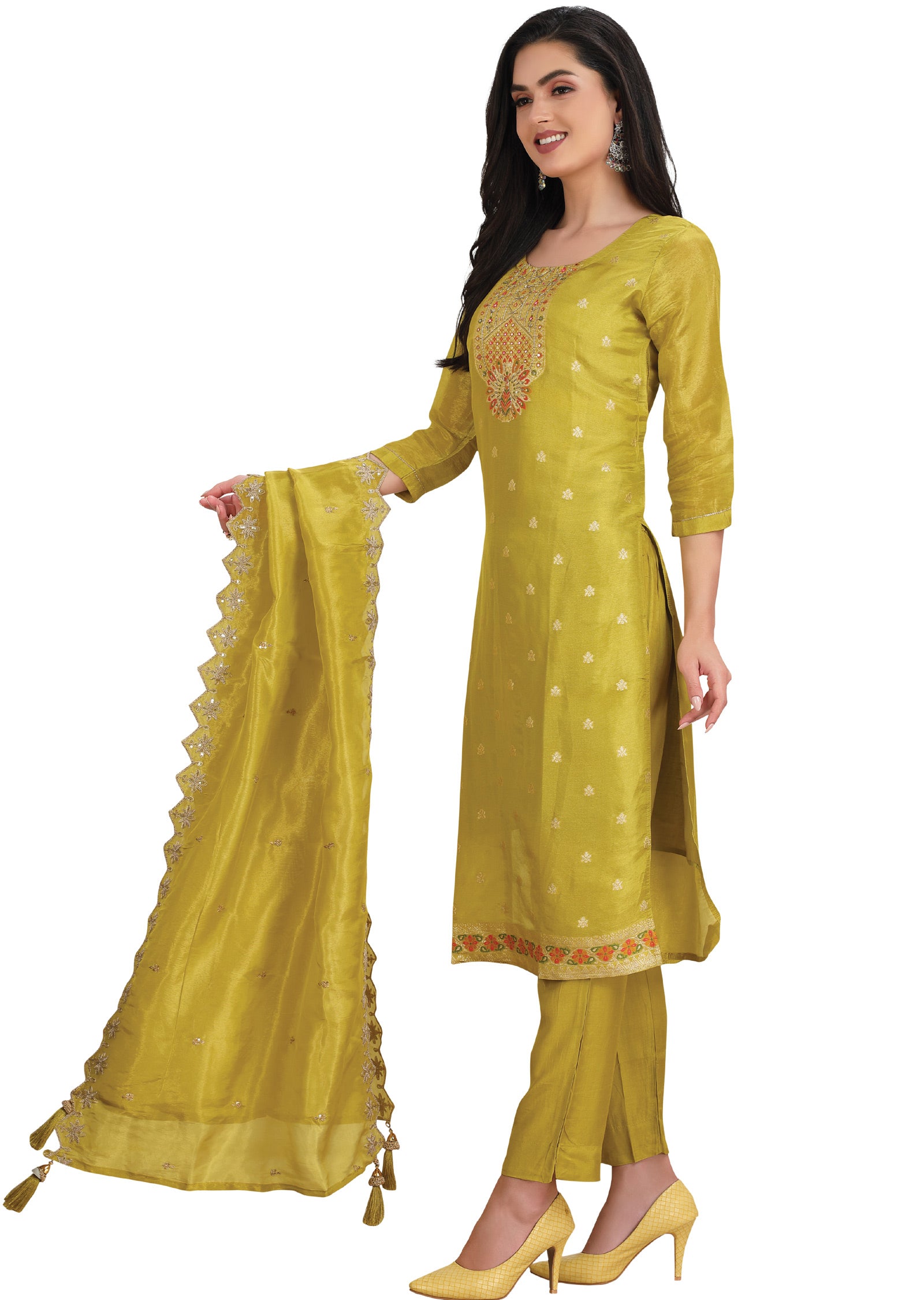 Lime Green Banaras Tissue Straight Cut Suit