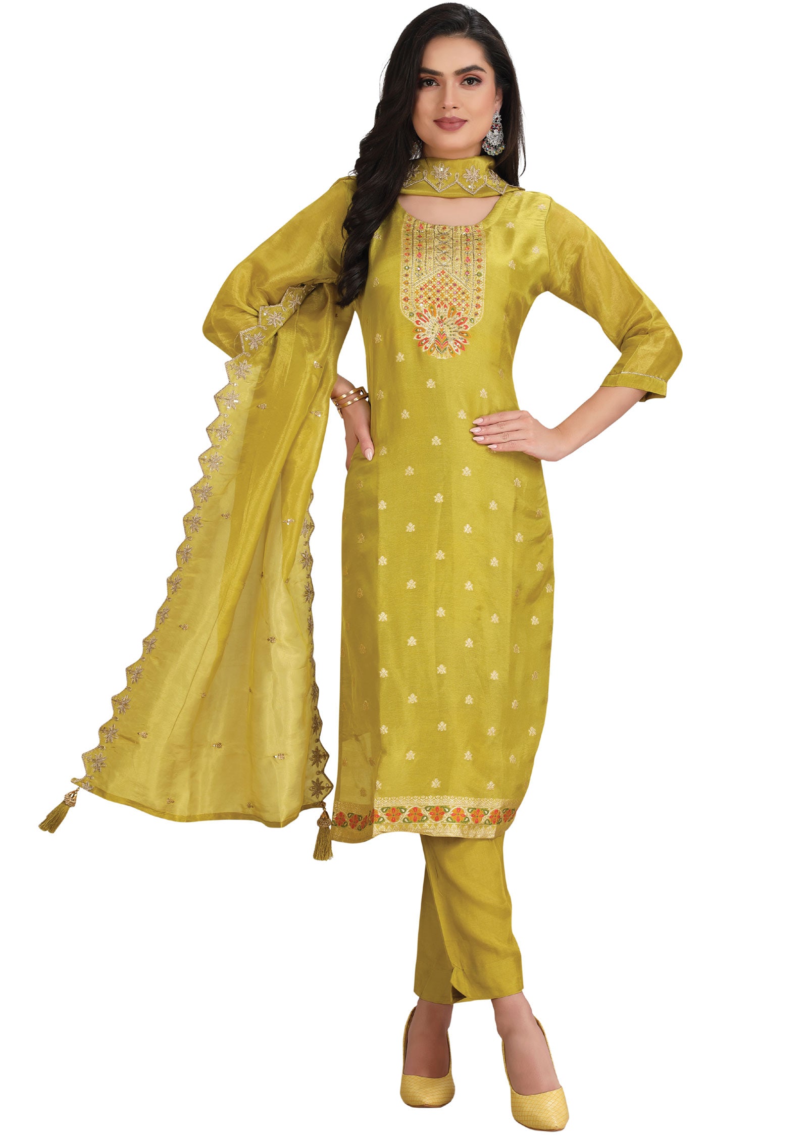 Lime Green Banaras Tissue Straight Cut Suit