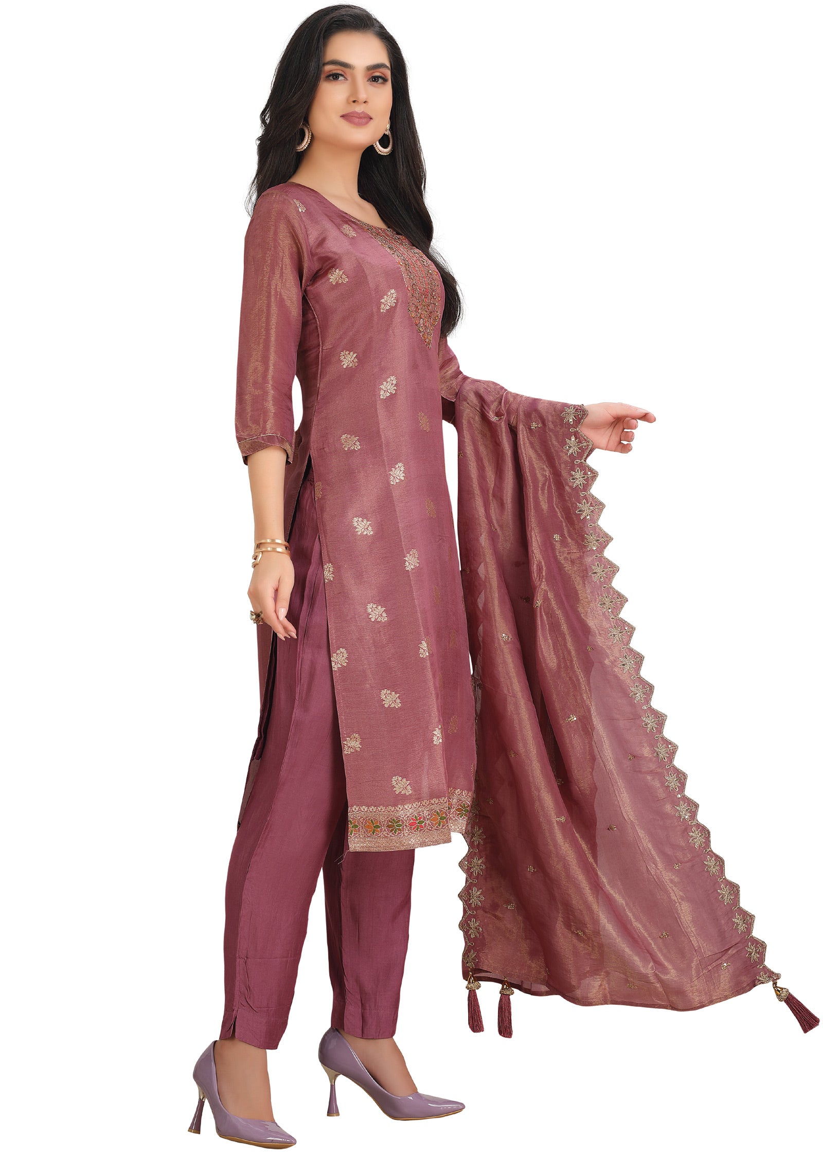 Dark Pink Banaras Tissue Straight Cut Suit