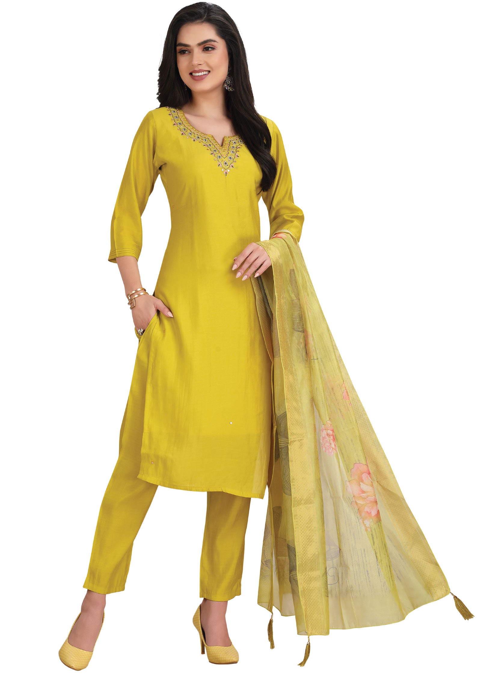 Yellow Soft Silk Straight Cut Suit