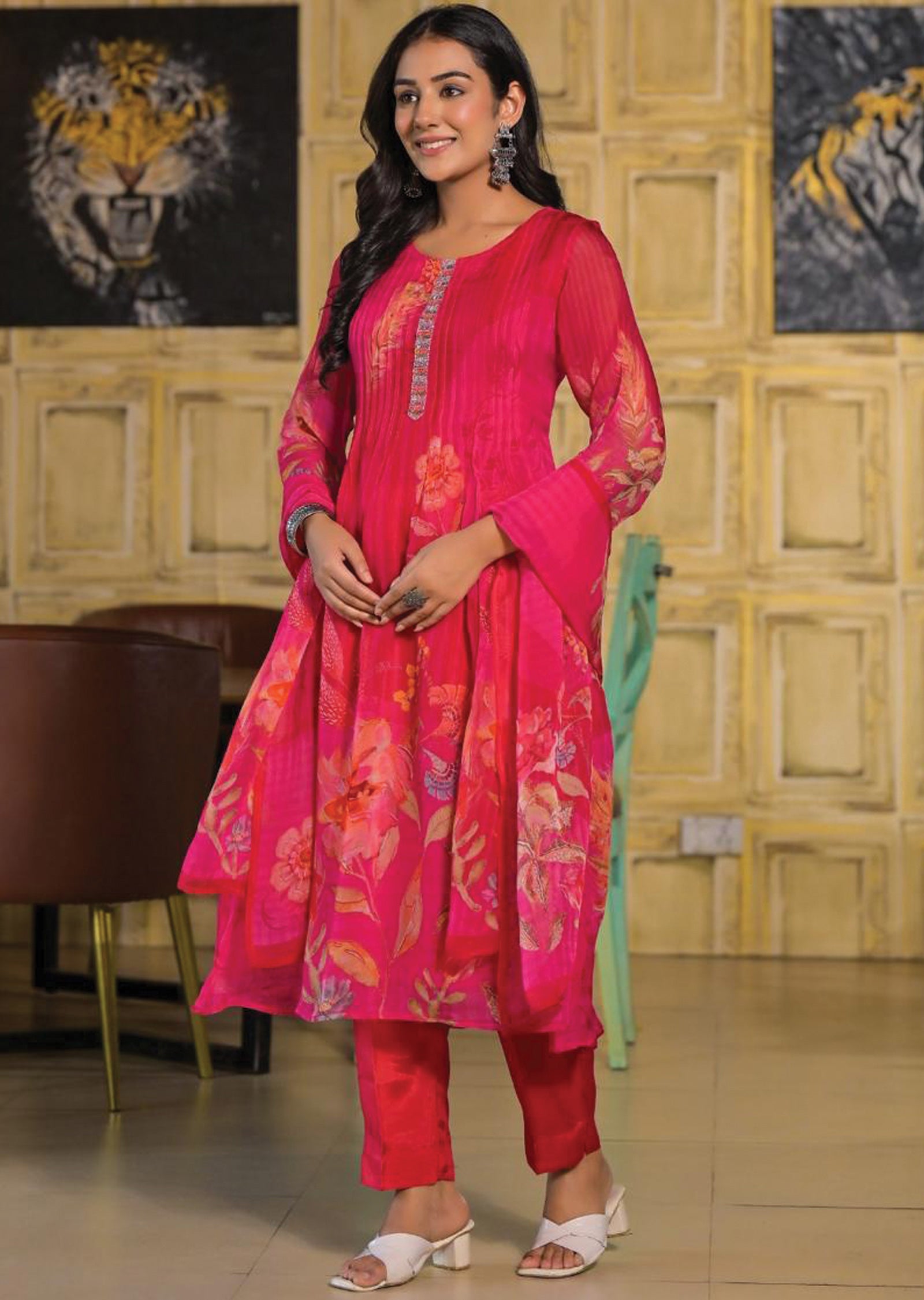 Rani Pink Organza Straight Cut Suit