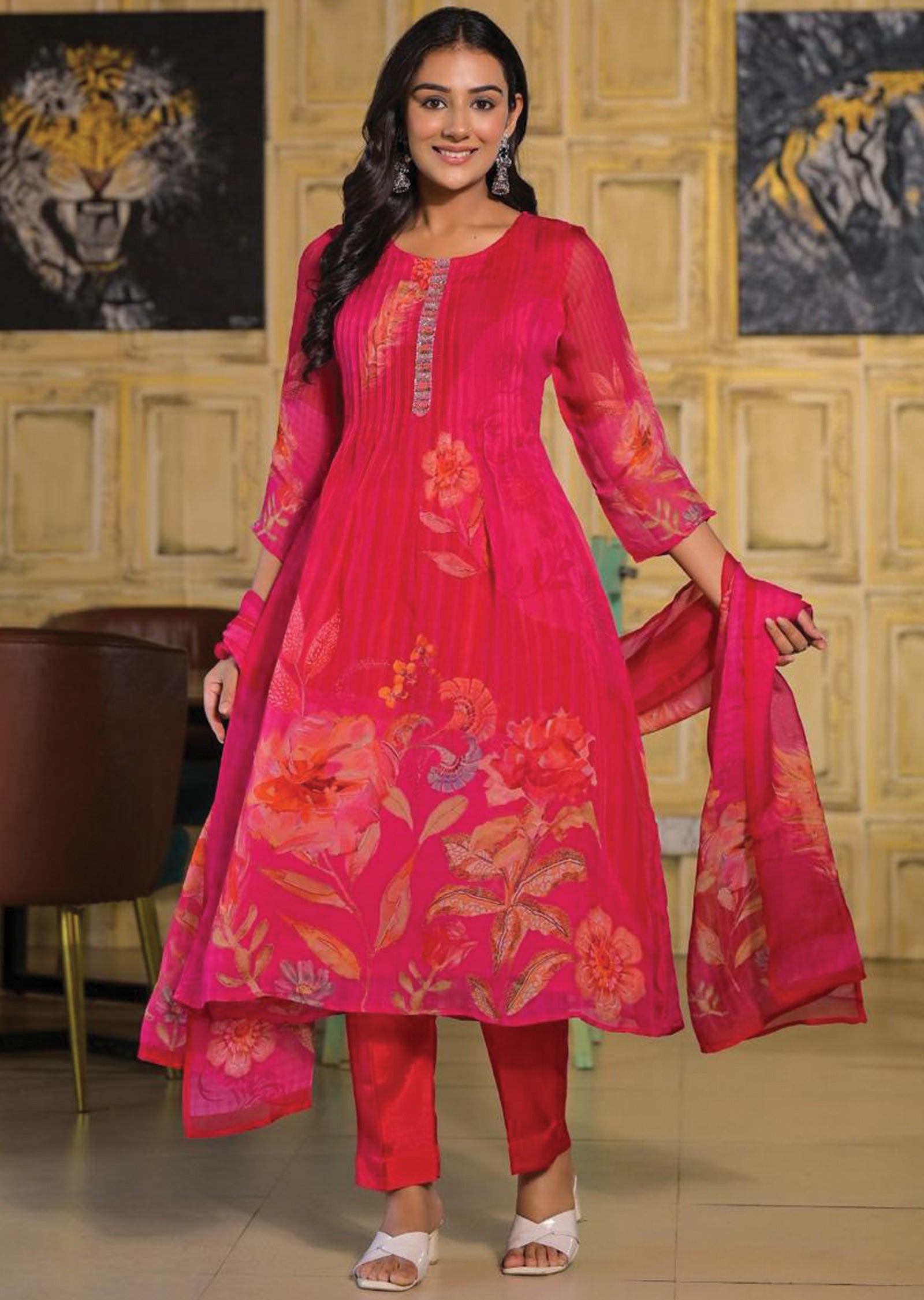 Rani Pink Organza Straight Cut Suit