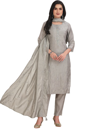 Light Grey Chanderi Straight Cut Suit