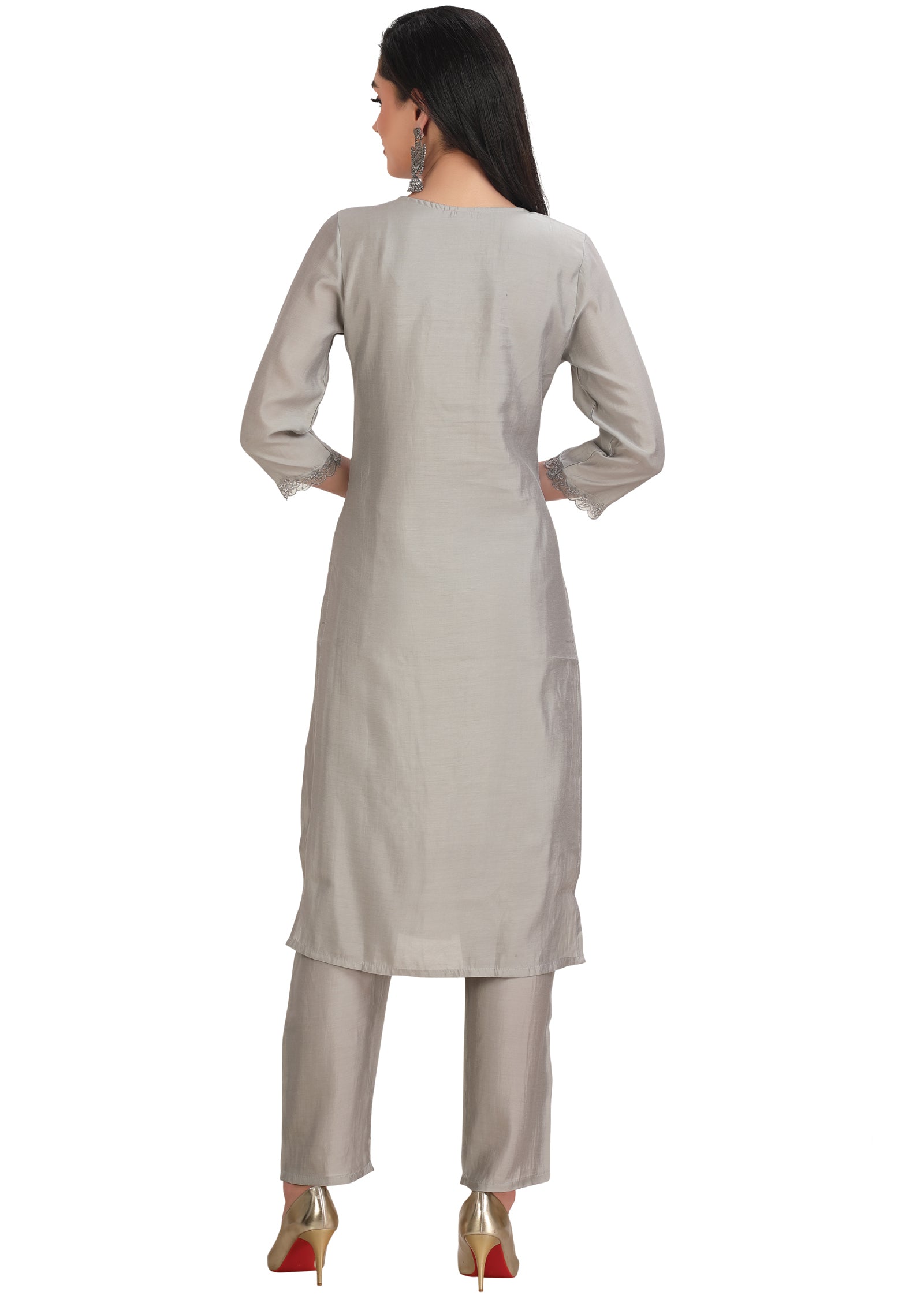 Light Grey Chanderi Straight Cut Suit