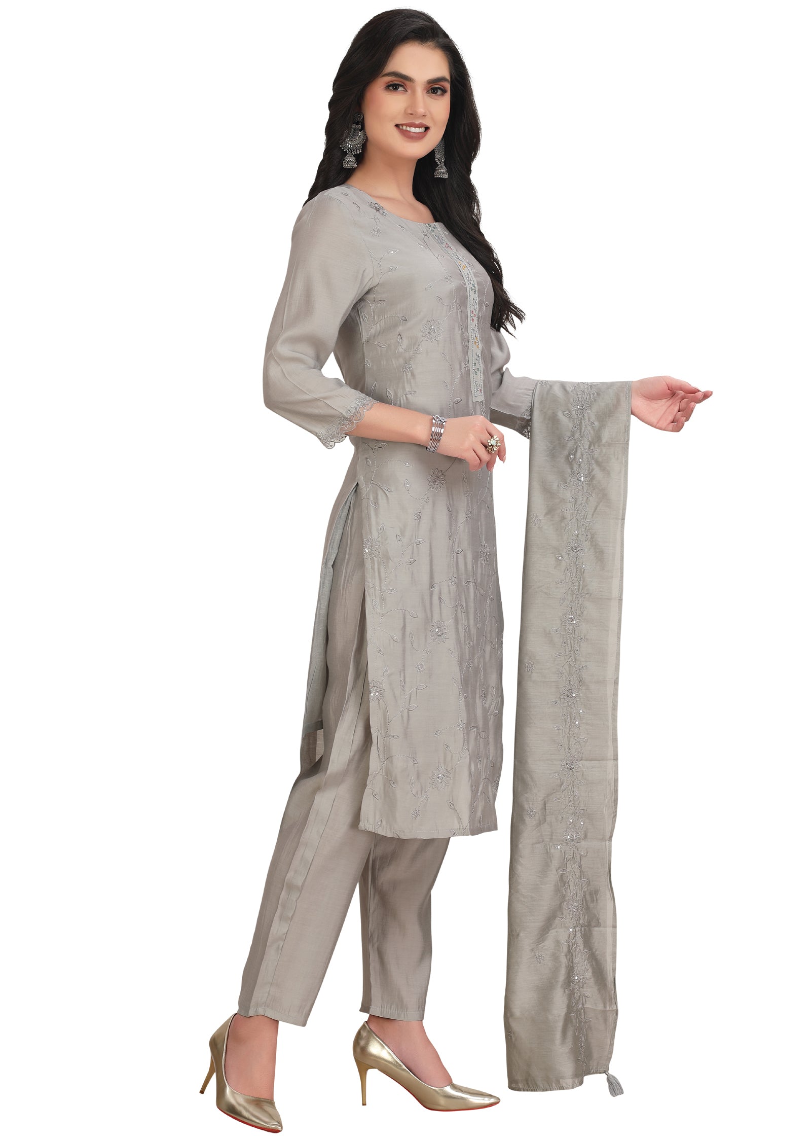 Light Grey Chanderi Straight Cut Suit