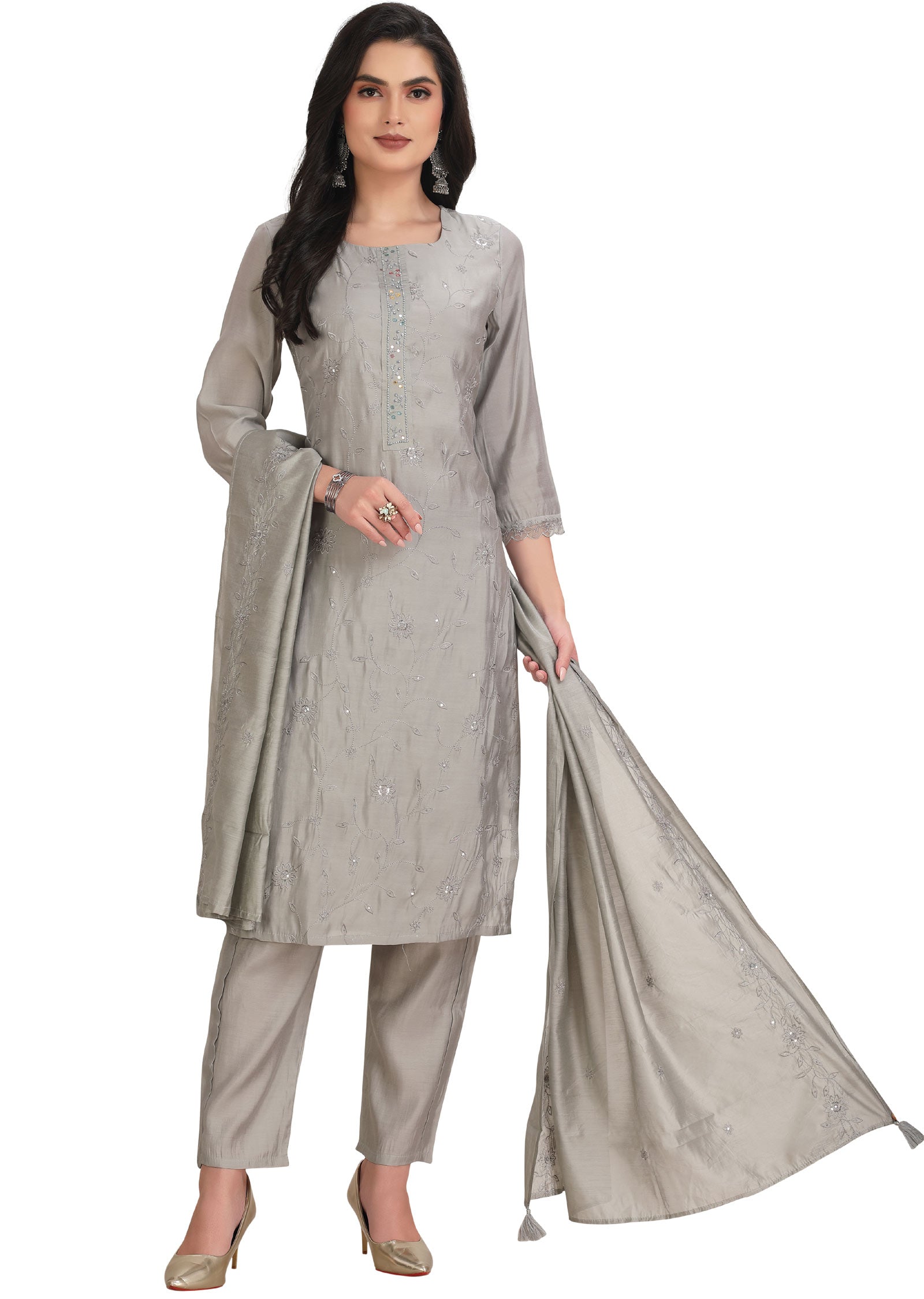 Light Grey Chanderi Straight Cut Suit