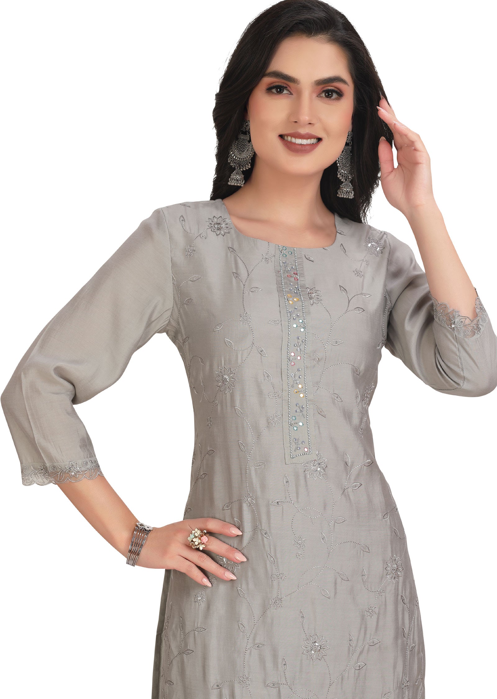 Light Grey Chanderi Straight Cut Suit