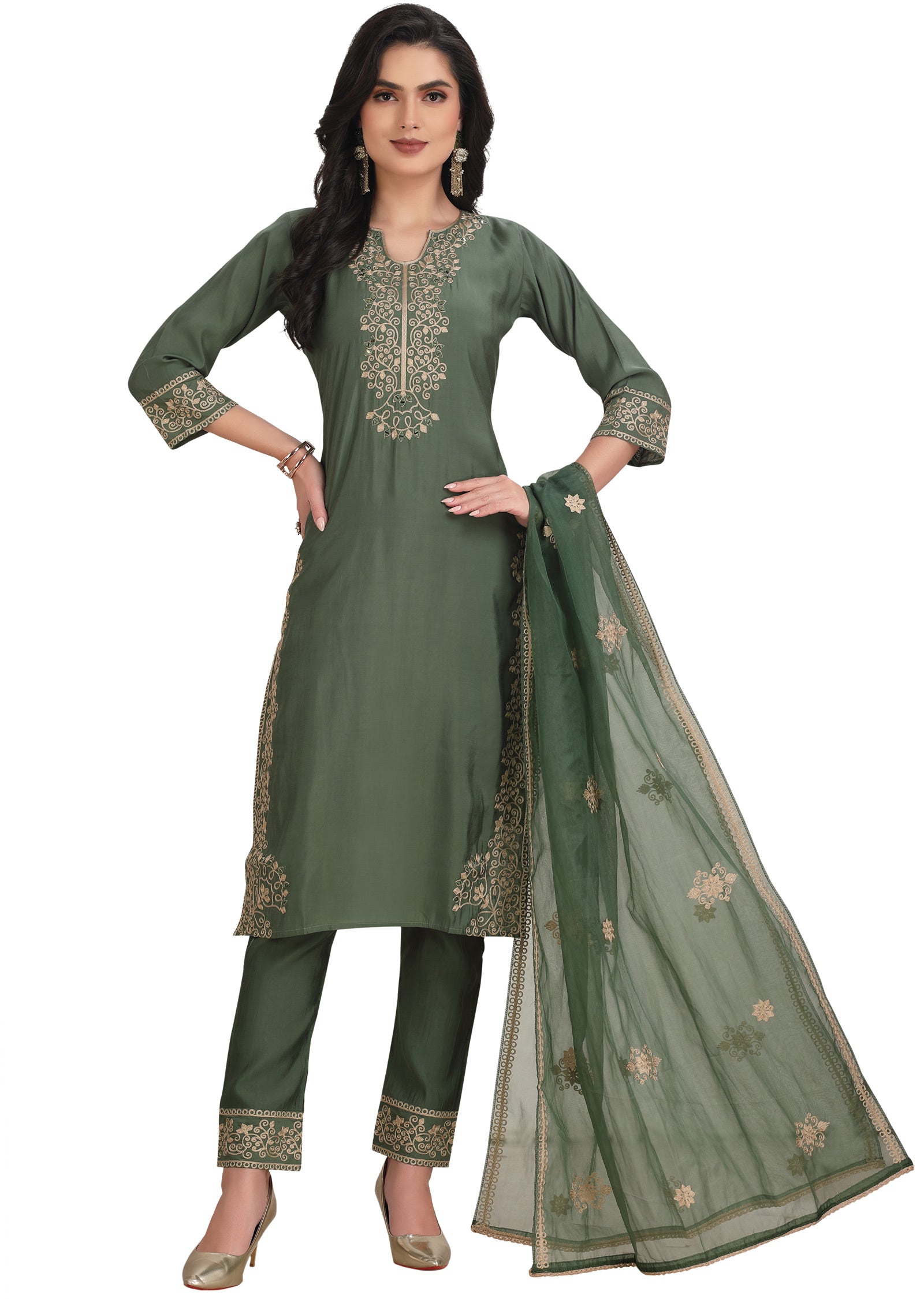 Earthy Green Soft Silk Straight Cut Suit