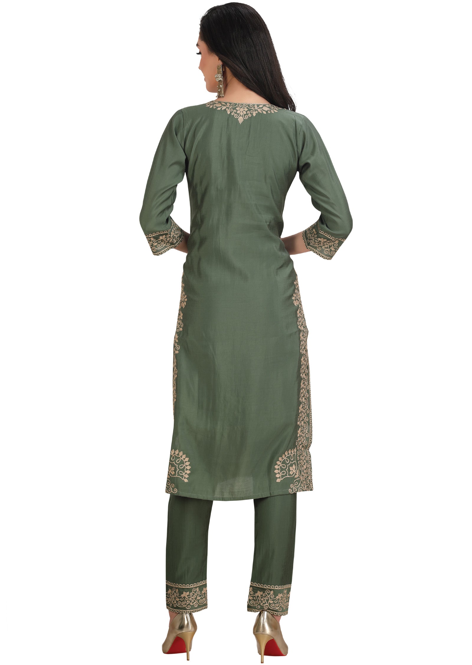 Earthy Green Soft Silk Straight Cut Suit