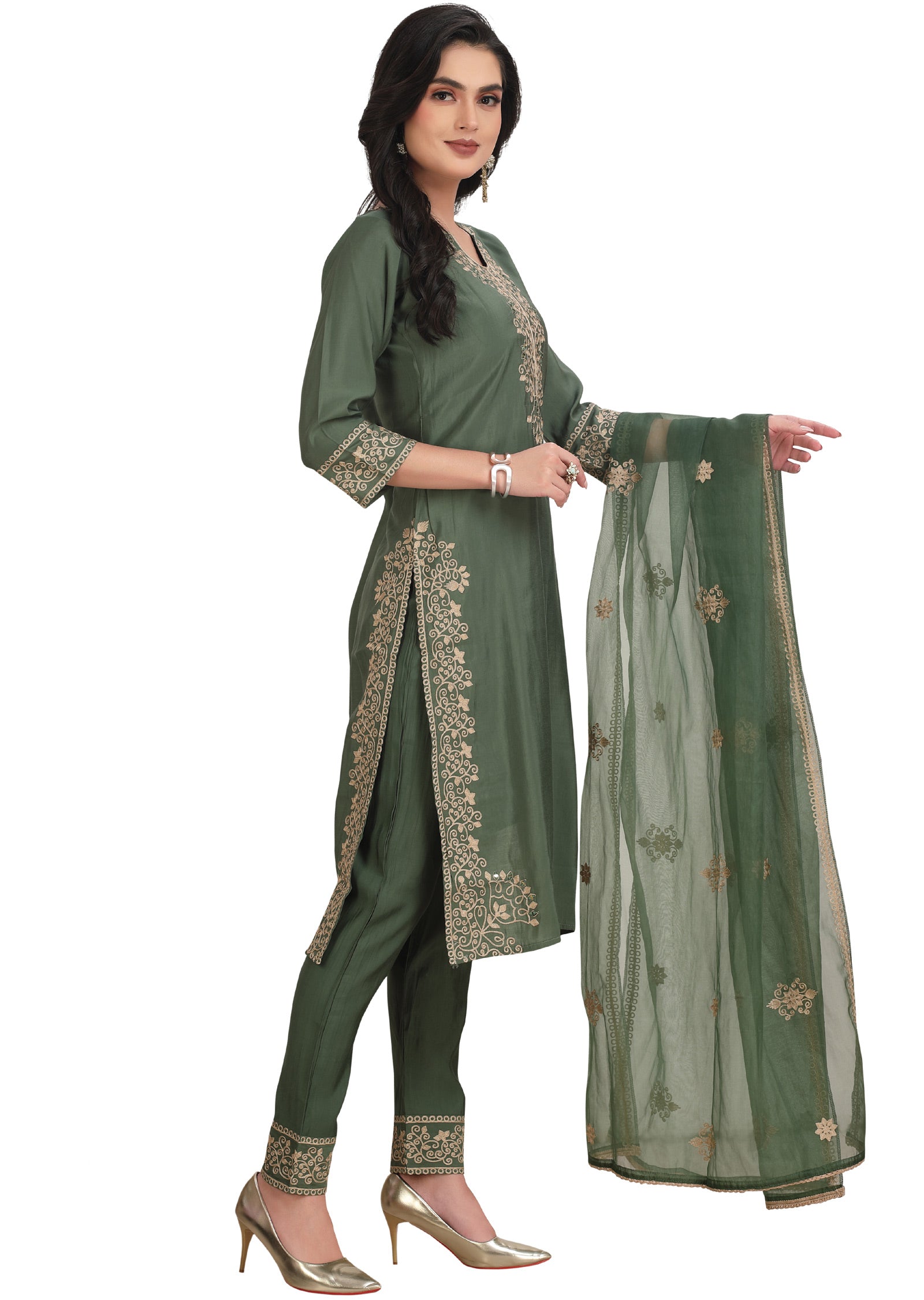 Earthy Green Soft Silk Straight Cut Suit