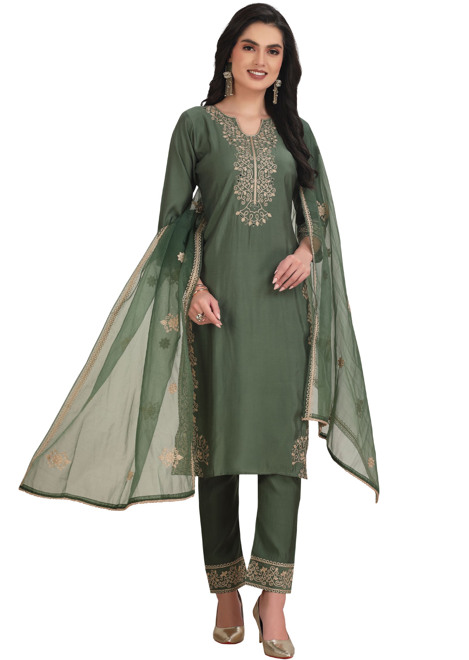 Earthy Green Soft Silk Straight Cut Suit