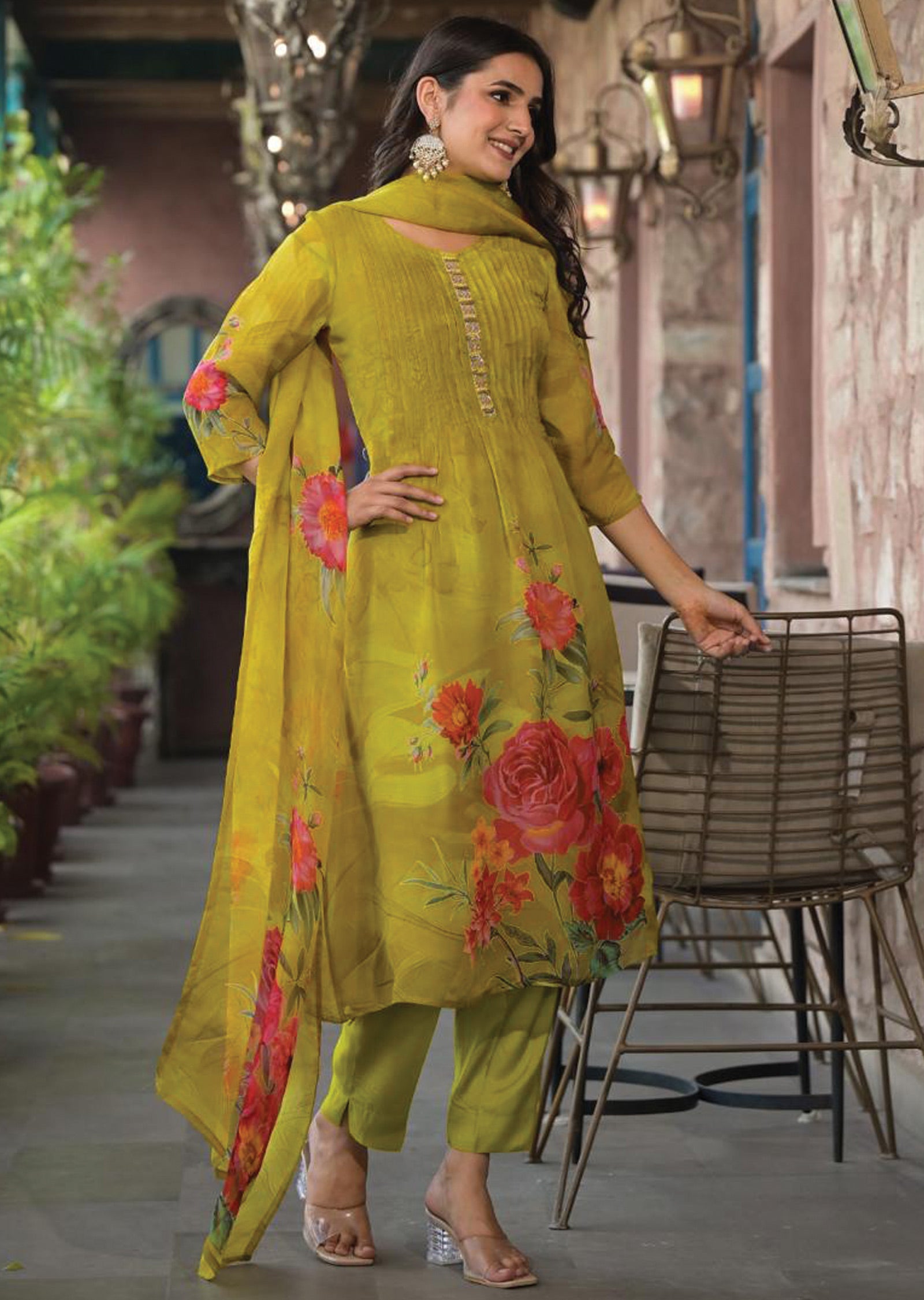 Mehendi Green Organza Straight Cut Suit