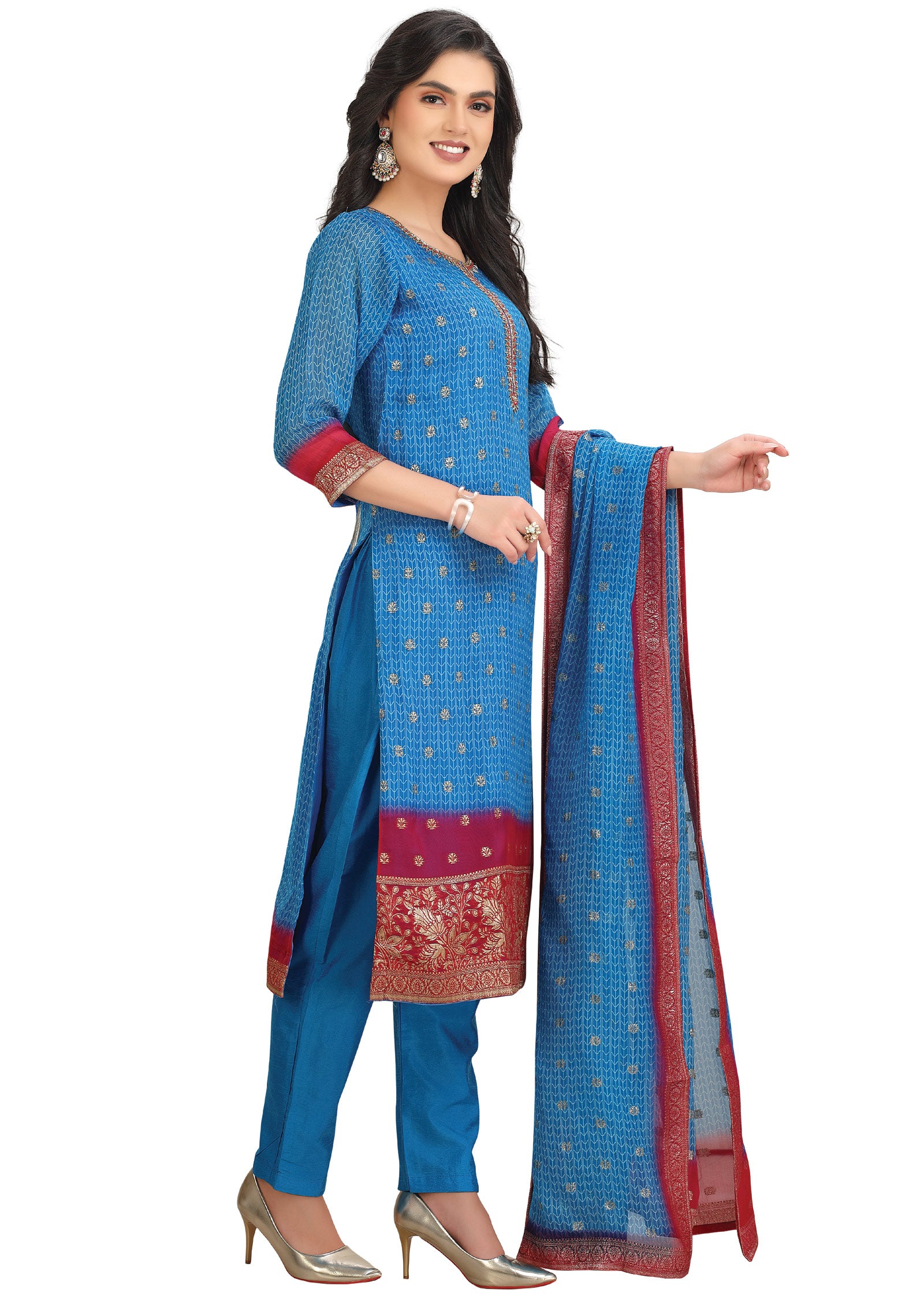 Blue Organza Banaras Straight Cut Suit