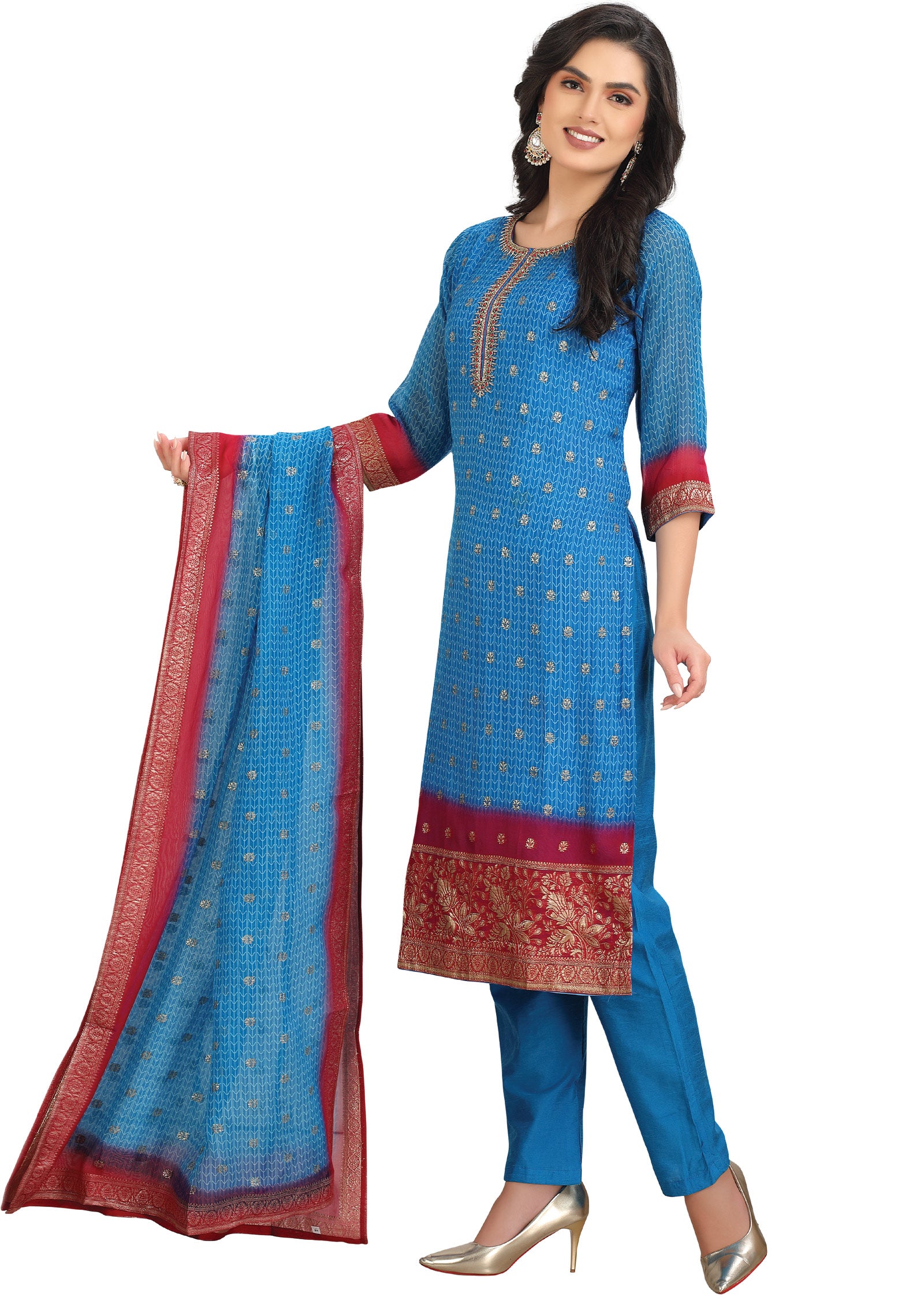 Blue Organza Banaras Straight Cut Suit