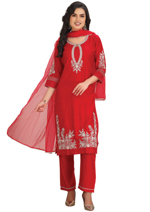 Red Soft Silk Straight Cut Suit