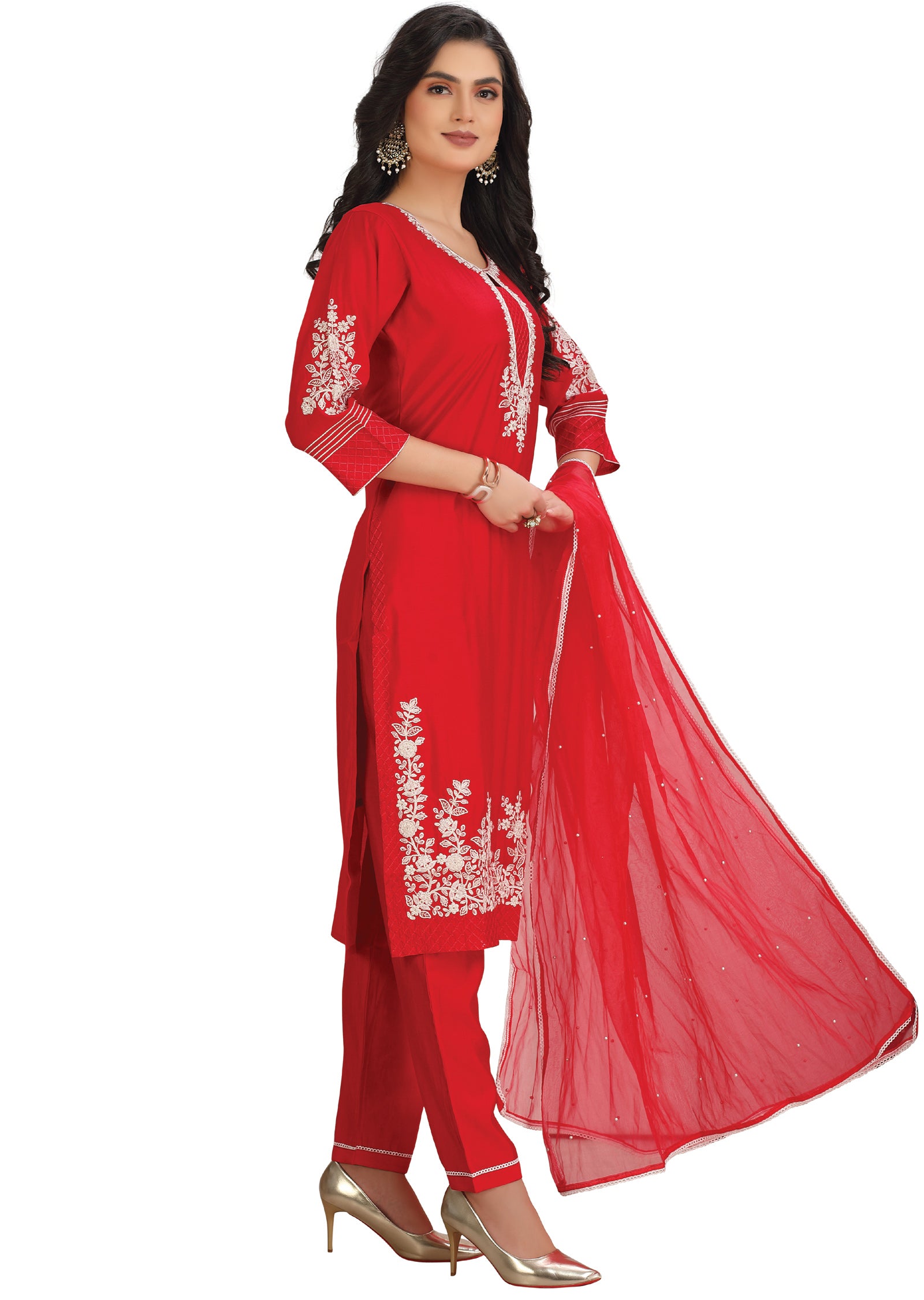 Red Soft Silk Straight Cut Suit