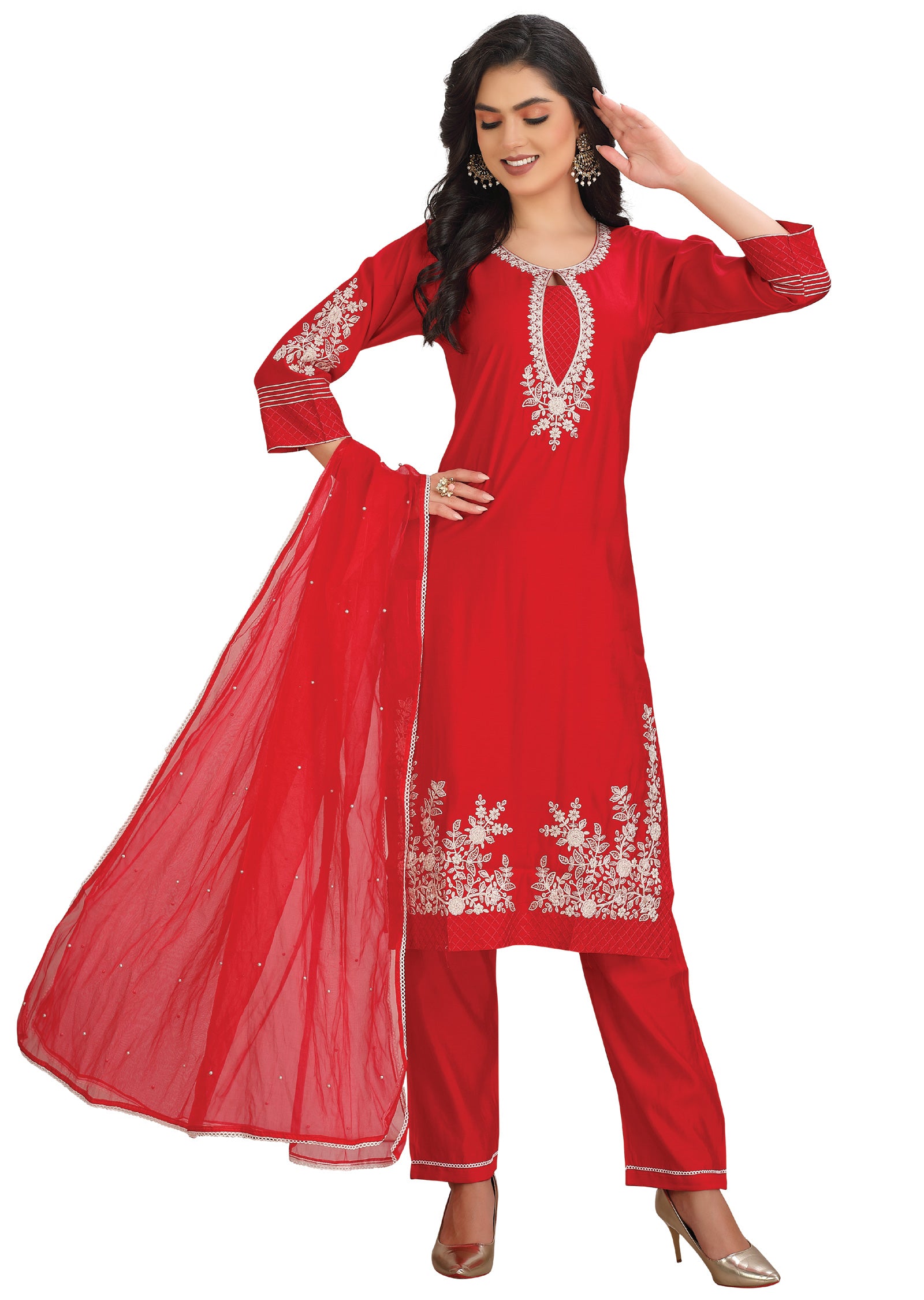 Red Soft Silk Straight Cut Suit