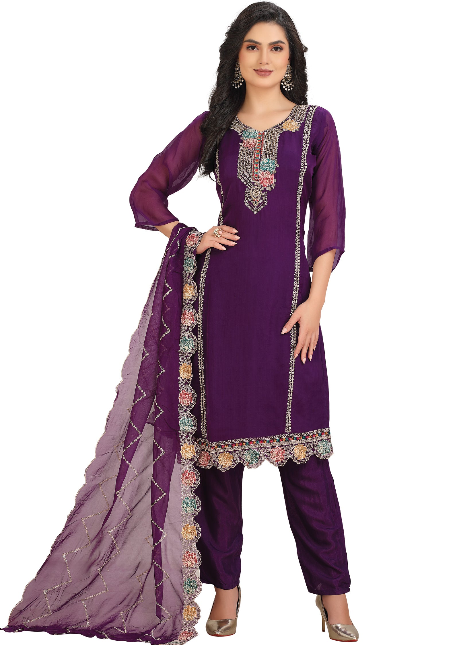 Purple Organza Straight Cut Suit