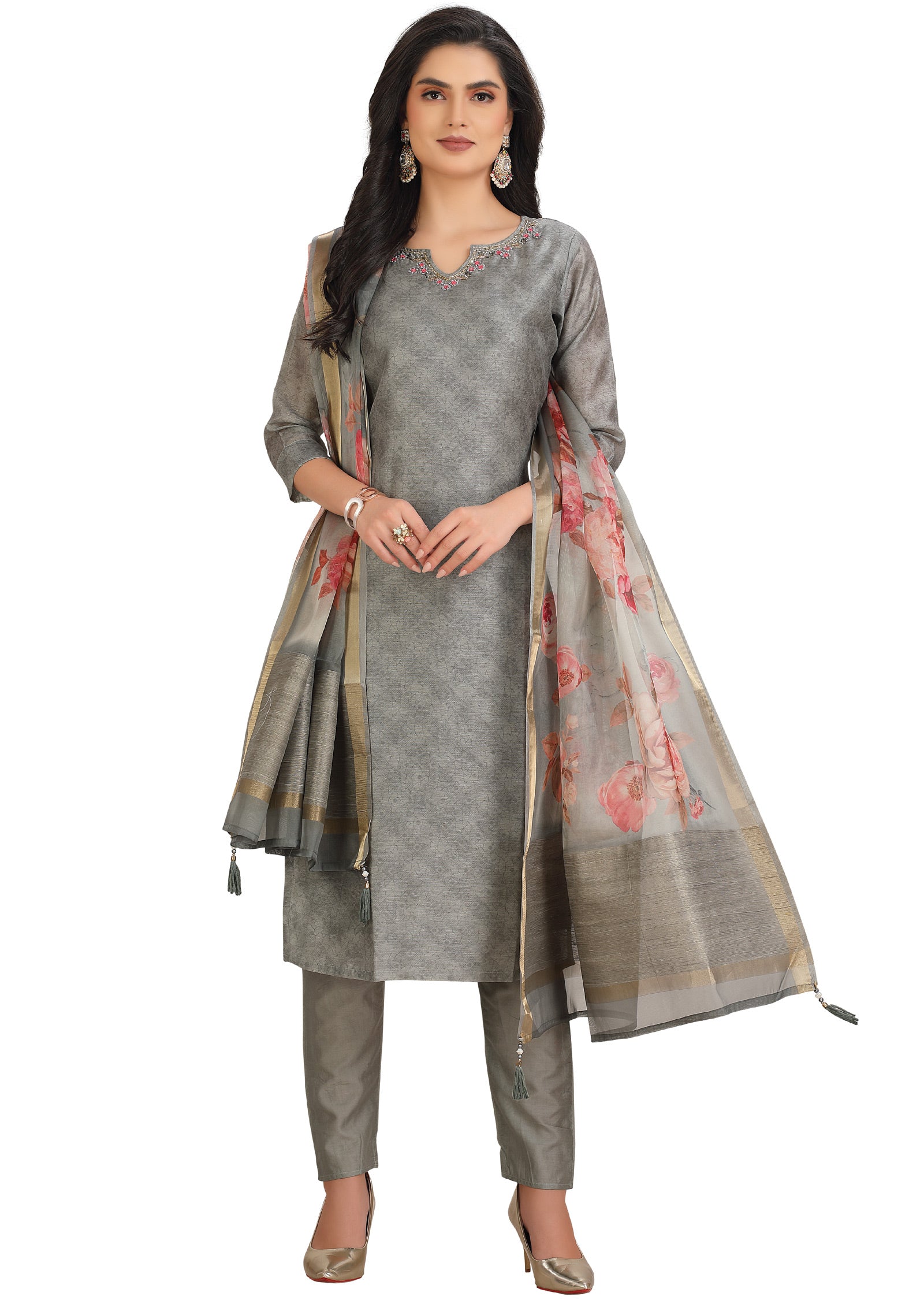 Grey Chanderi Straight Cut Suit