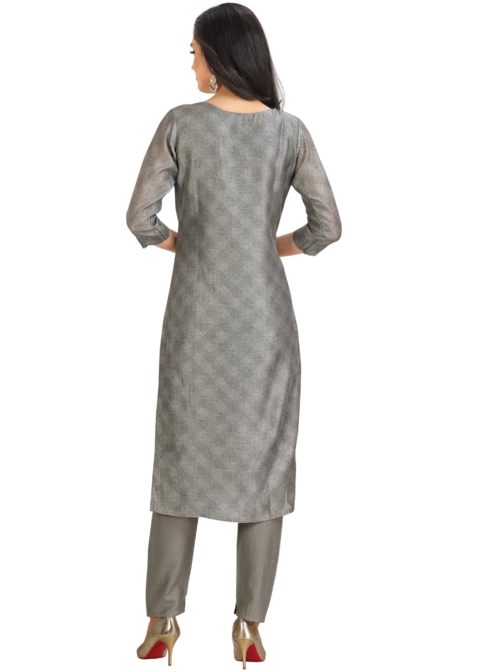 Grey Chanderi Straight Cut Suit