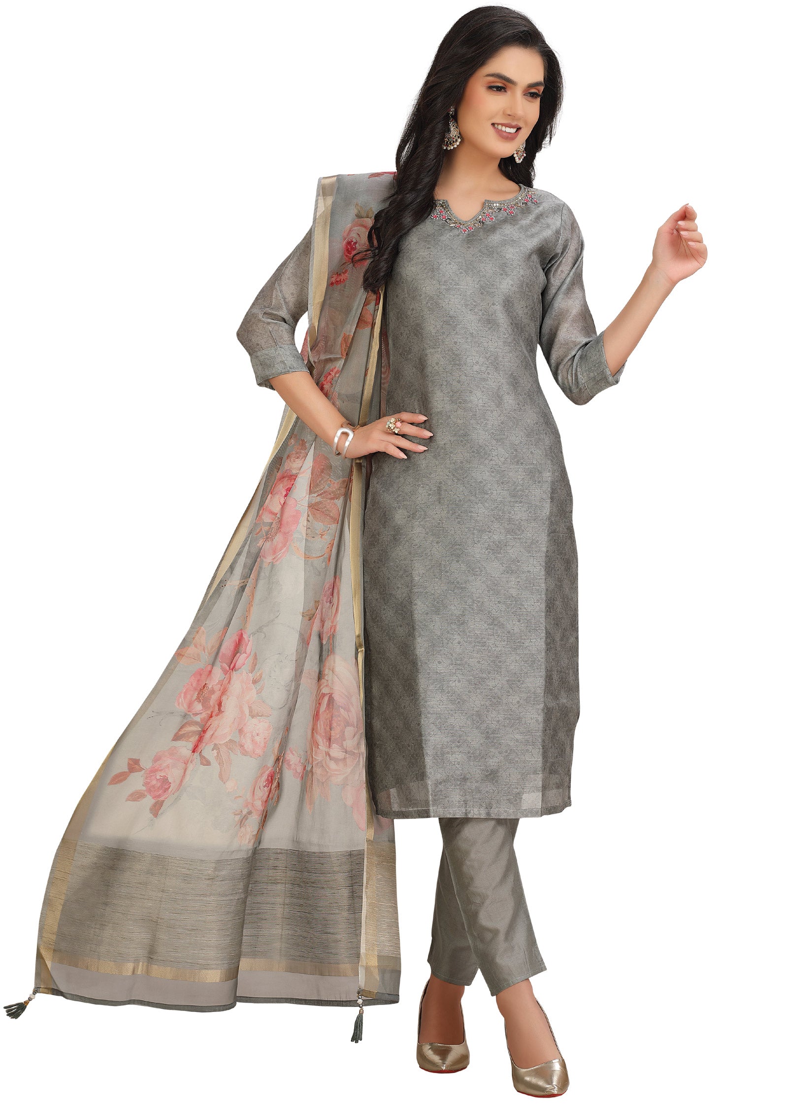 Grey Chanderi Straight Cut Suit