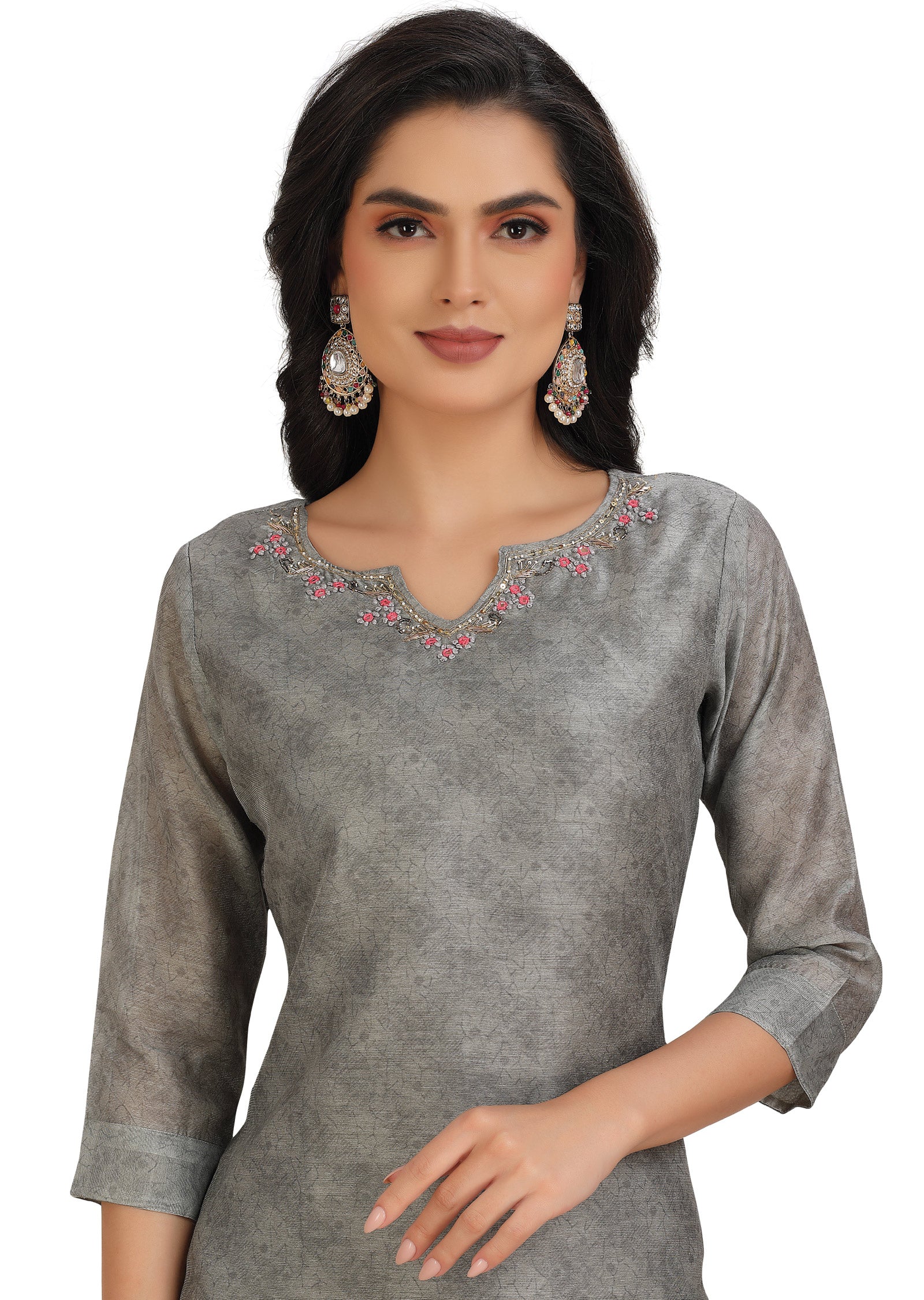 Grey Chanderi Straight Cut Suit