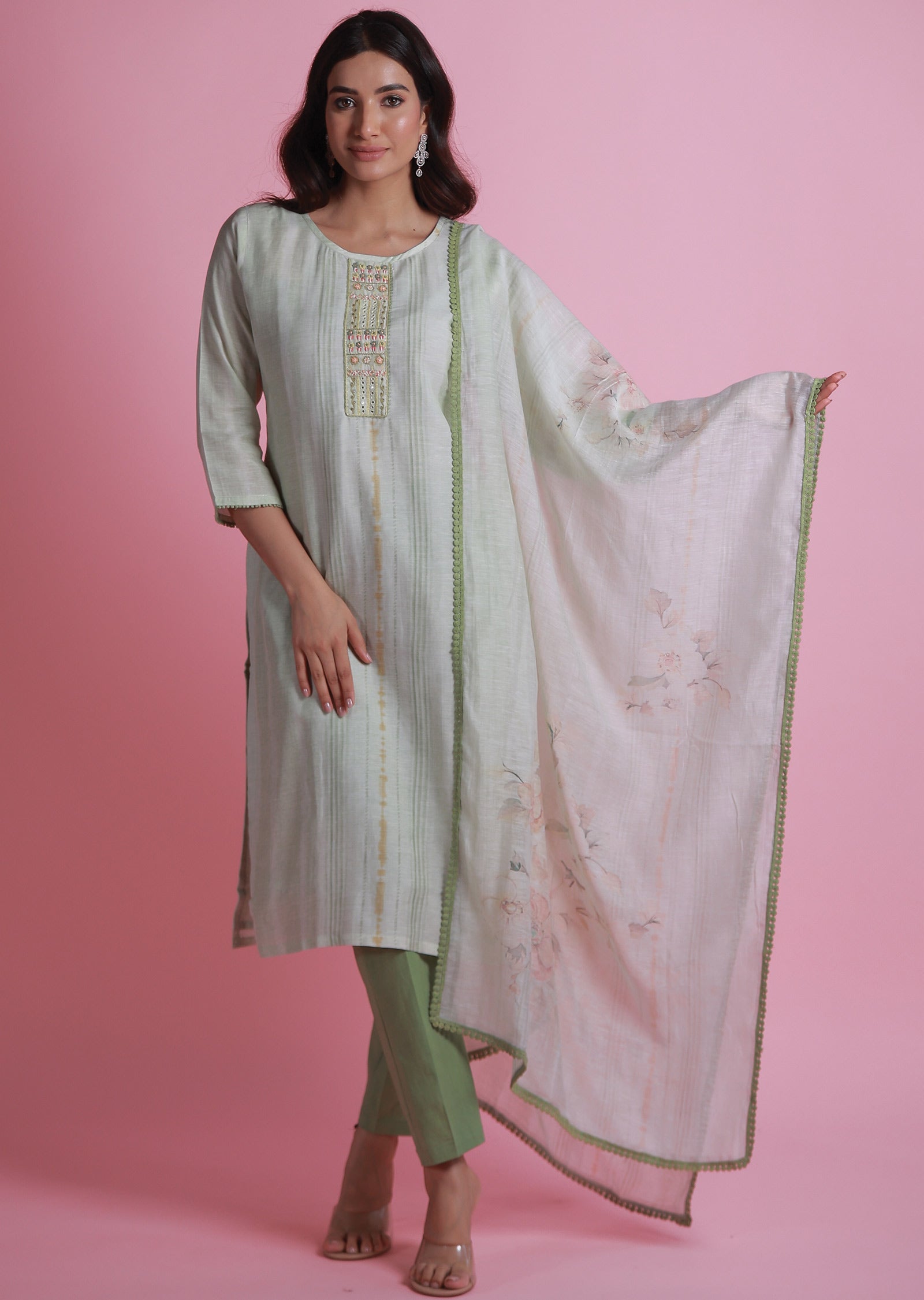 Pista Green Linen Silk Straight Cut Suits