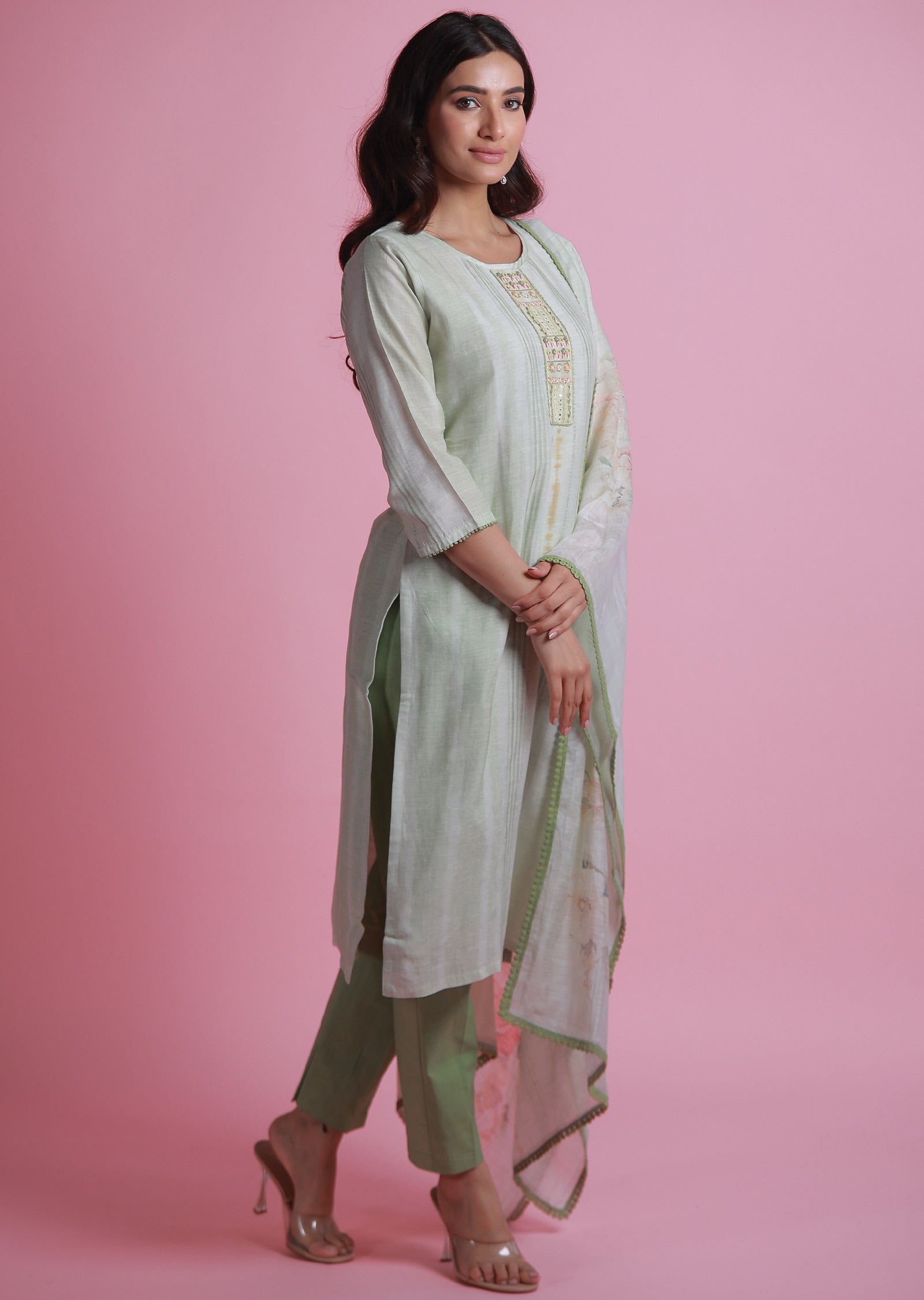 Pista Green Linen Silk Straight Cut Suits