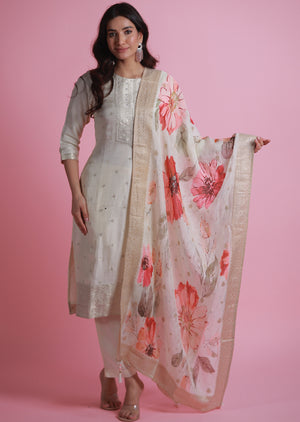 Cream Banaras Silk Straight Cut Suits