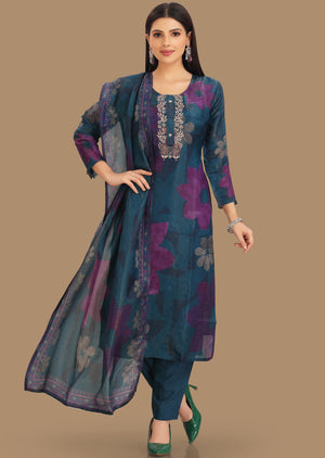 Rama Blue Tissue Silk Straight Cut Suit