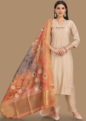 Beige Soft Silk Straight Cut Suits