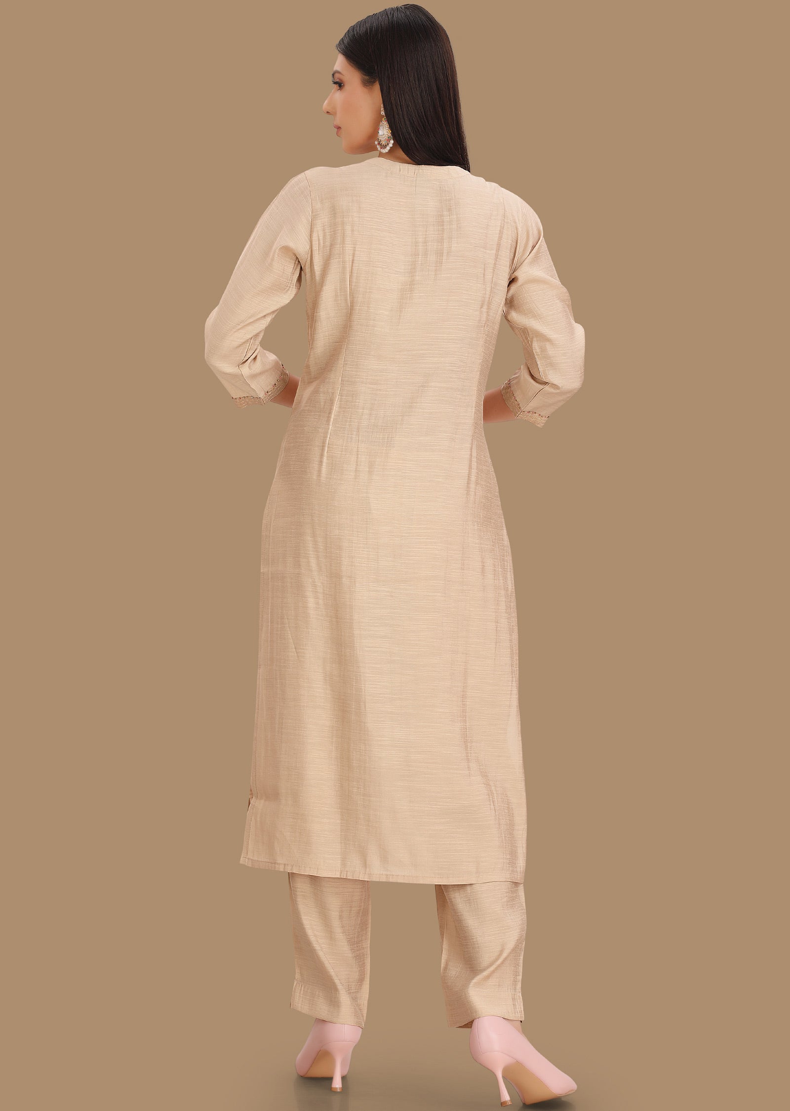 Beige Soft Silk Straight Cut Suits