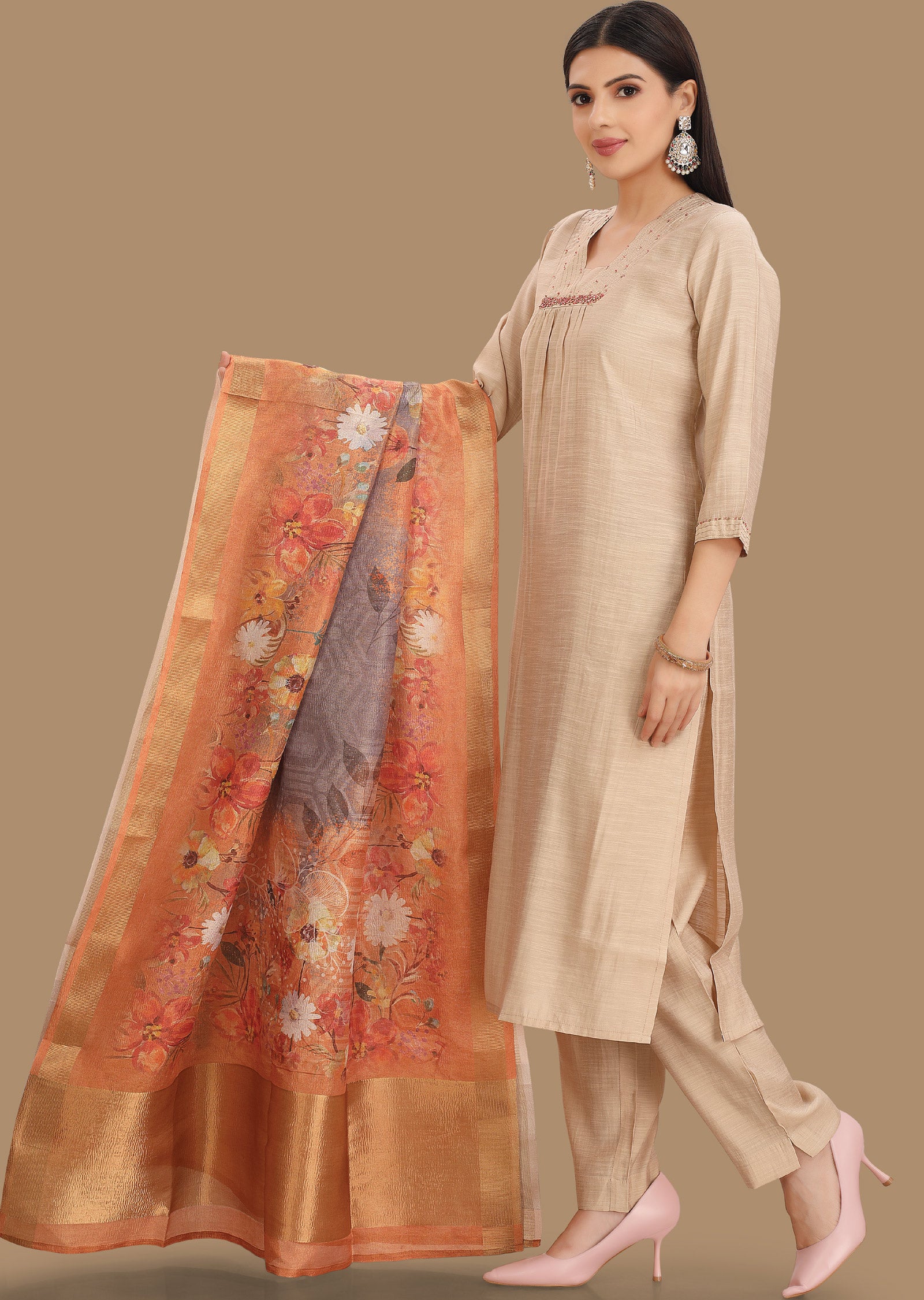 Beige Soft Silk Straight Cut Suits