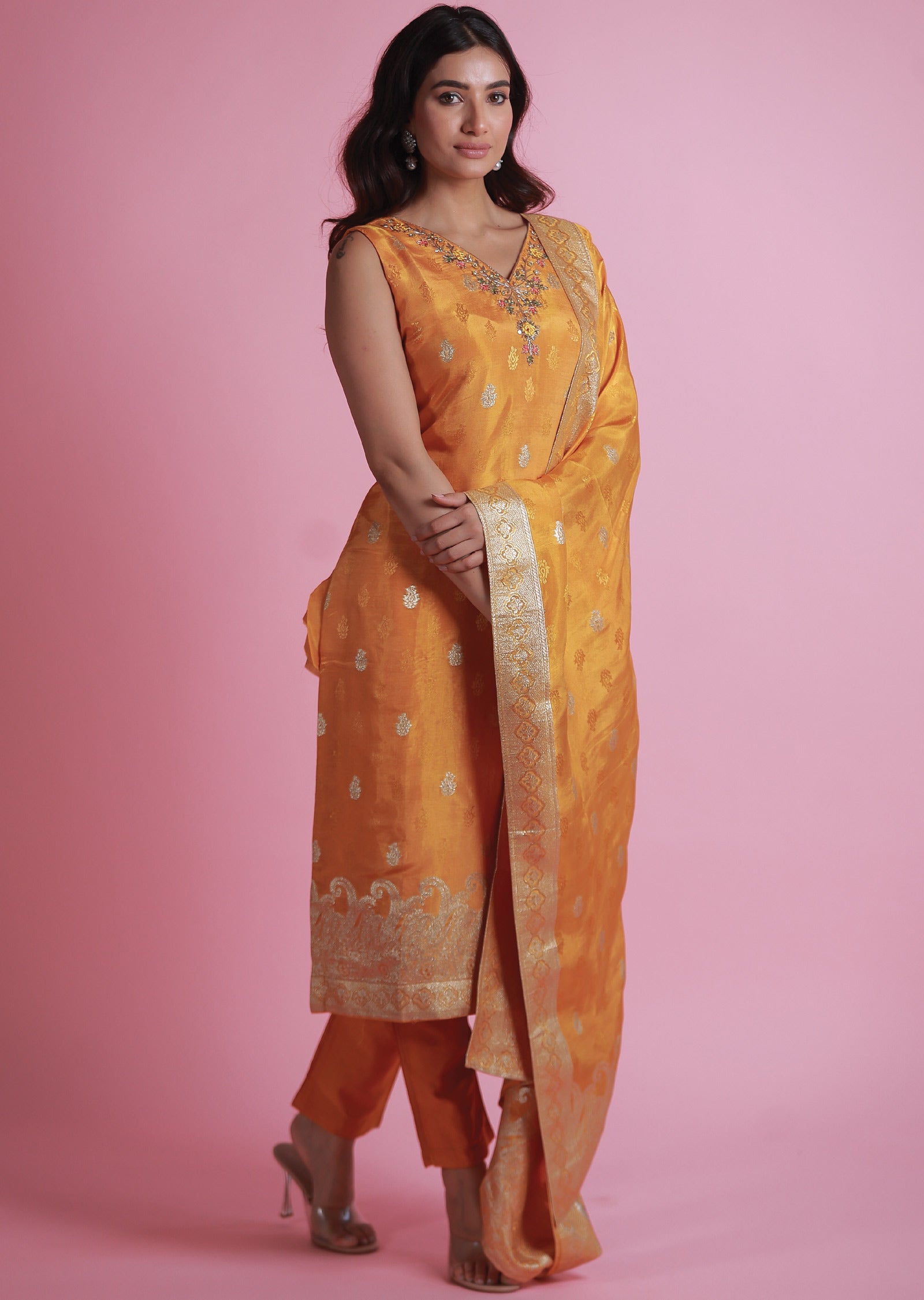 Orange Banaras Silk Straight Cut Suits