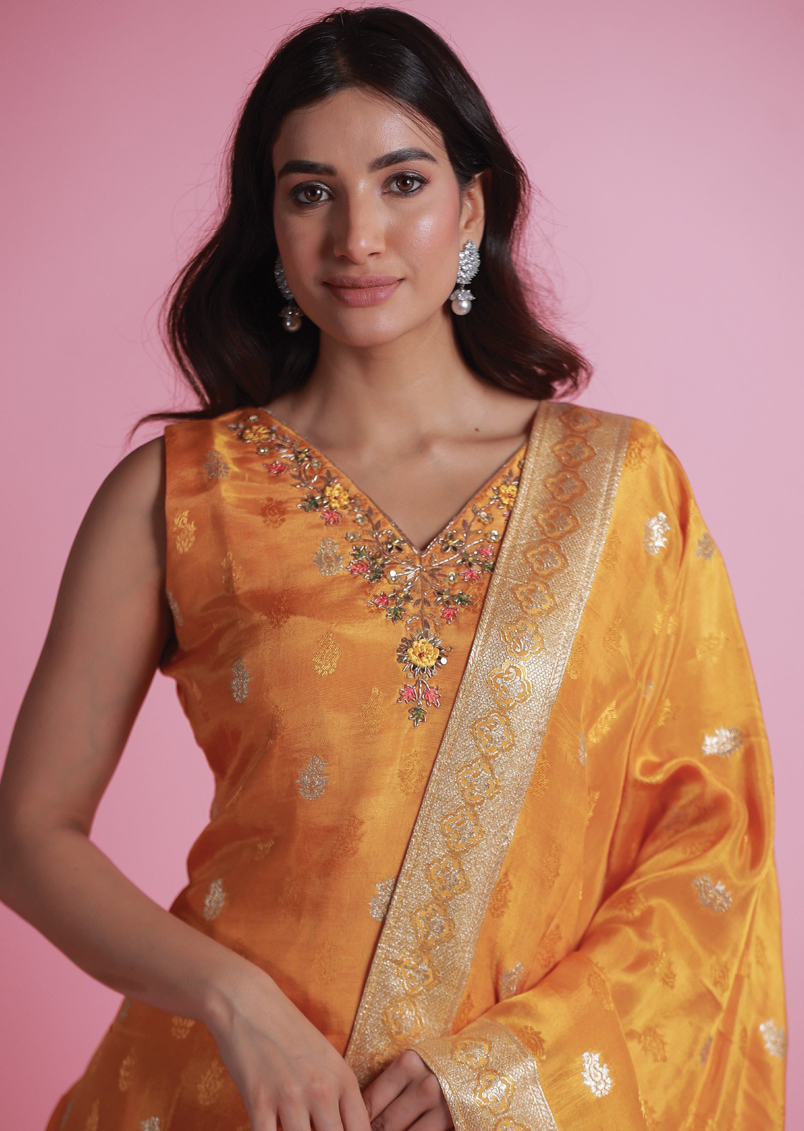 Orange Banaras Silk Straight Cut Suits