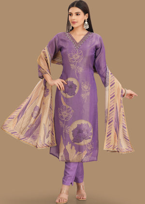 Lavender Tissue Silk Straight Cut Suits