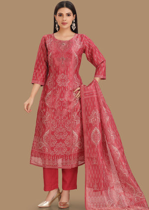 Dark Pink Tissue Silk Straight Cut Suits