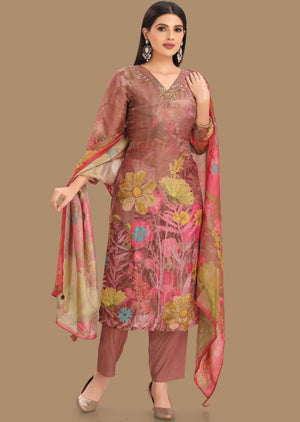 Dark Onion Pink Tissue Silk Straight Cut Suits